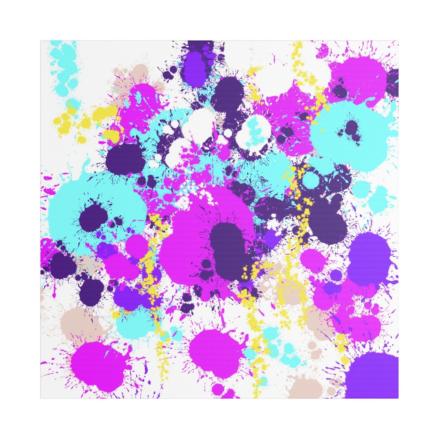 Abstract canvas wall art print titled 'Woman and Children' featuring lively splashes of colour. The colours are vibrant in shades of pink, purpled, blue and yellow.