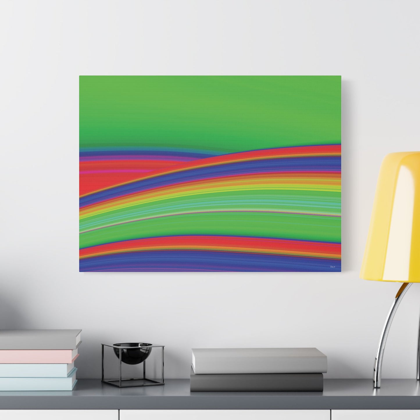 Image featuring a stretched canvas print of artwork titled “Calm Flow’ by artist Julia Hargreaves. The artwork is shown in a modern home environment.