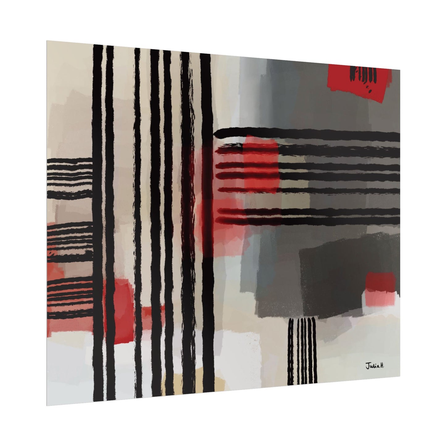 Angled view of an abstract art print with cool contemporary colours.