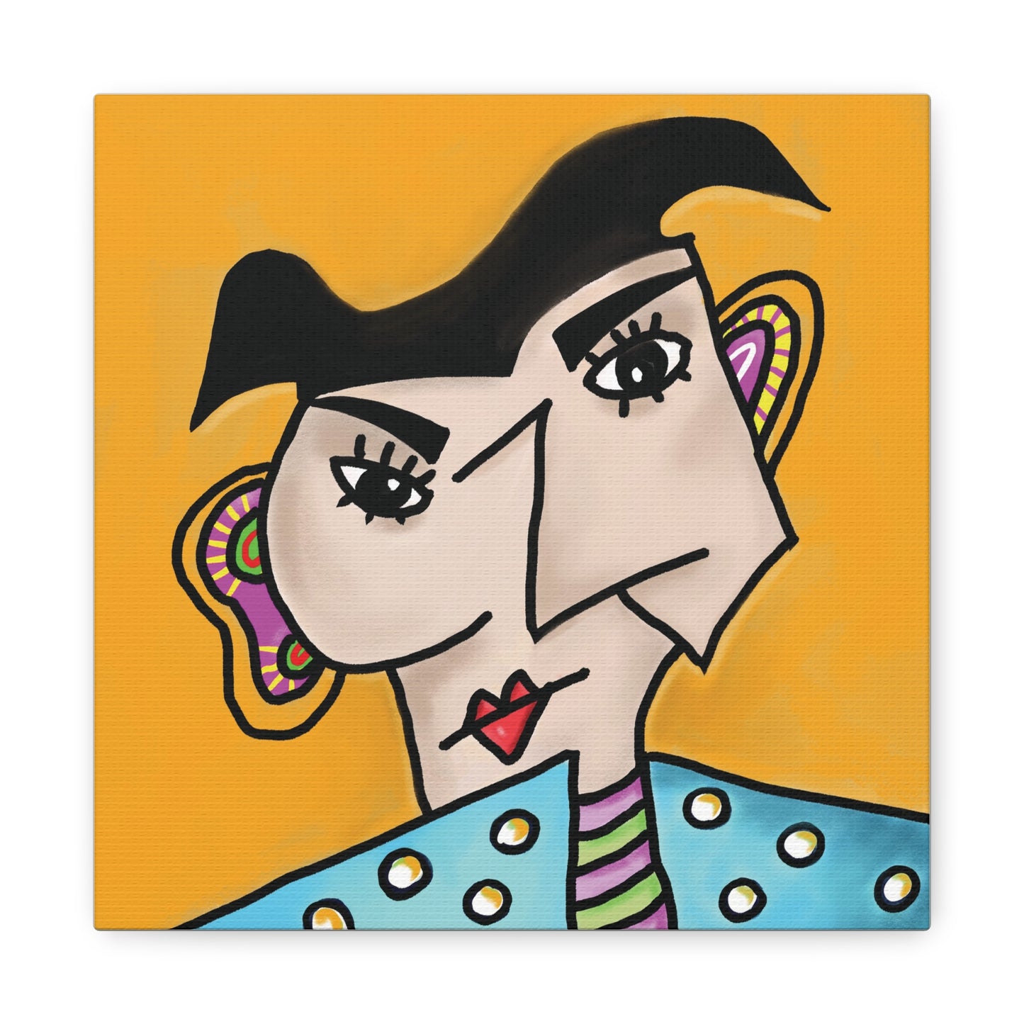 Abstract art of a face with geometric shapes on a yellow background