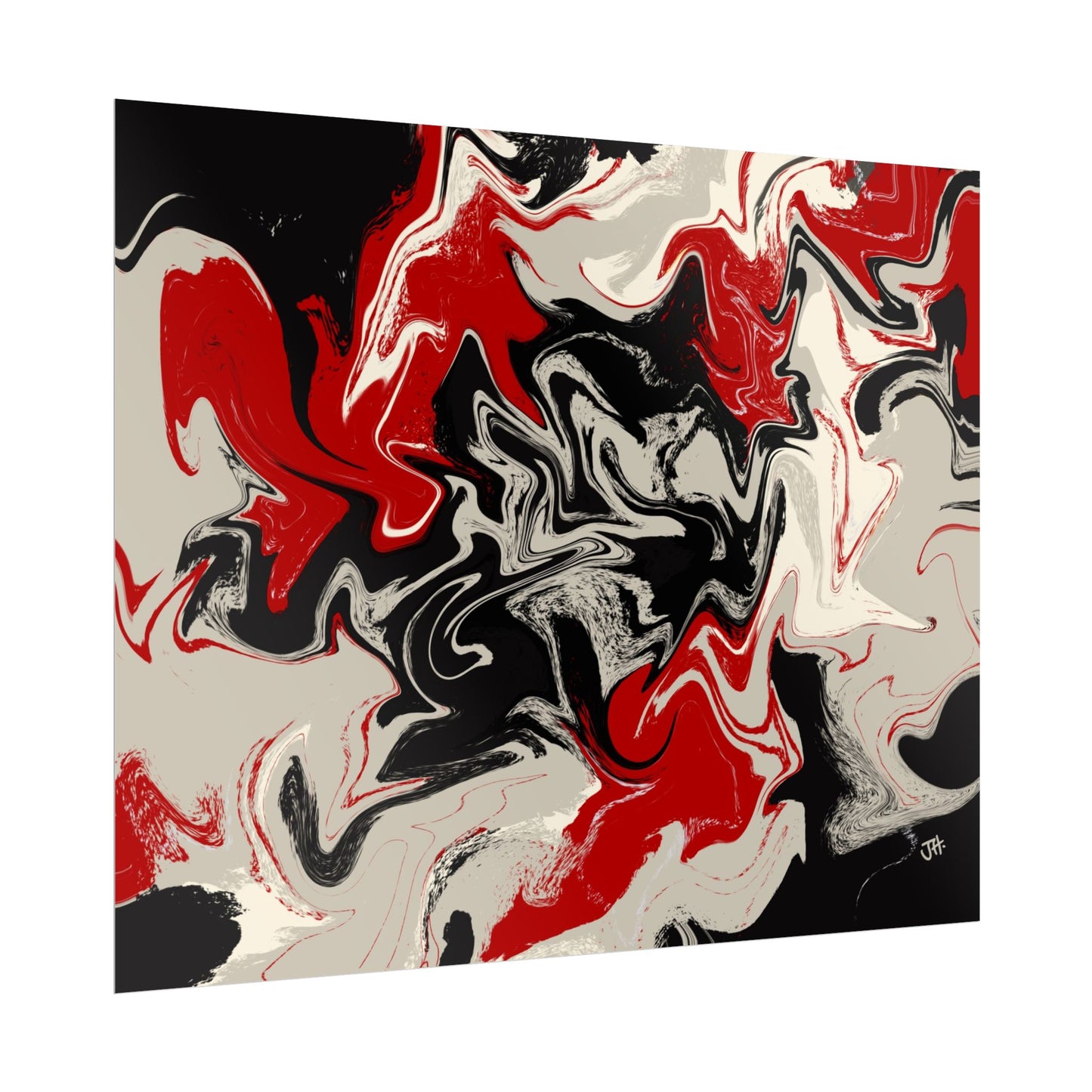 An abstract poster print featuring swirls of red, black, and white colours.