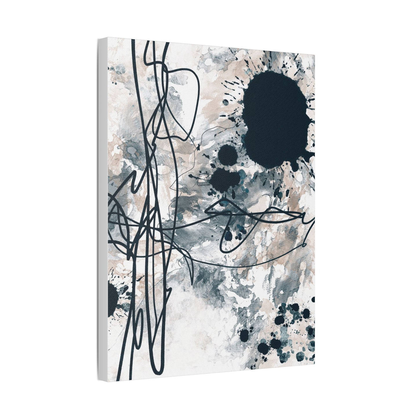 Angled view of'Ink Dance' abstract art piece by Julia Hargreaves featuring a mix of splattered, dripped, and brushed elements in black, grey and white tones. The dynamic lines and freeform patterns create a sense of depth and movement, giving the artwork an expressive and spontaneous quality.