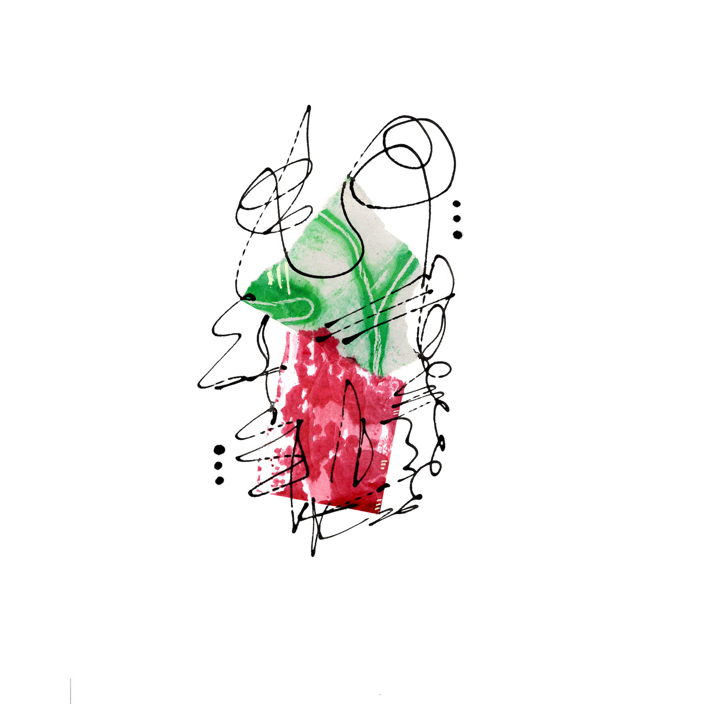 An abstract artwork by artist Julia Hargreaves. It features free-flowing lines, dots and handmade collage in red and green hues.