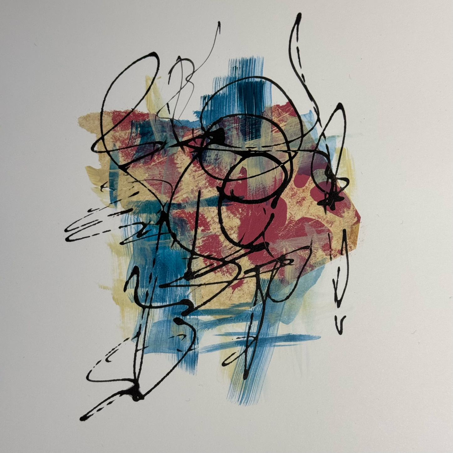 Photograph of a mixed media artwork by artist Julia Hargreaves featuring an energetic abstract design is shades of cyan and red.