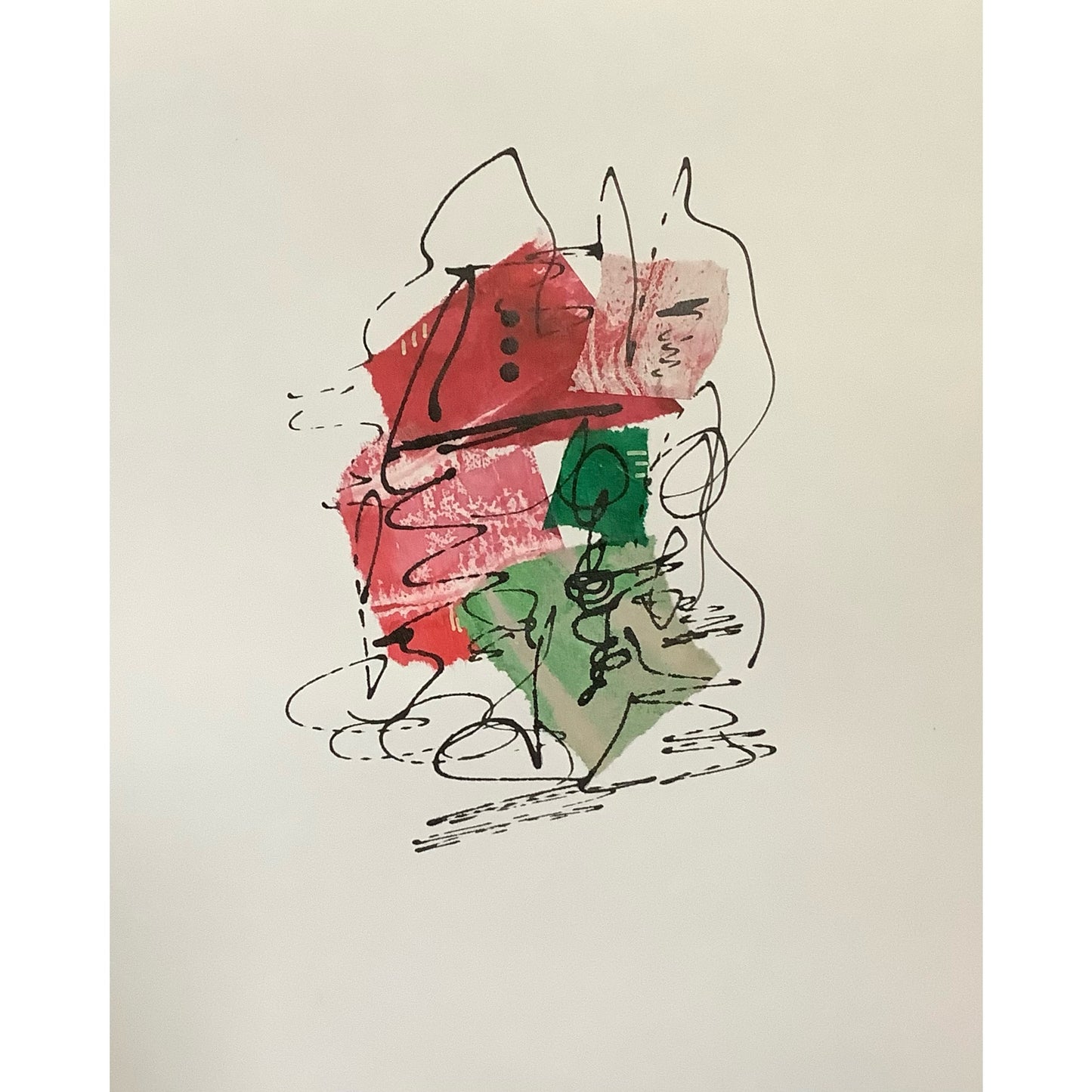 An original mixed media artwork by Julia Hargreaves. It features a dynamic abstract design with black, red, and green tones. The piece includes collage and freeform elements, giving it a lively and expressive feel.