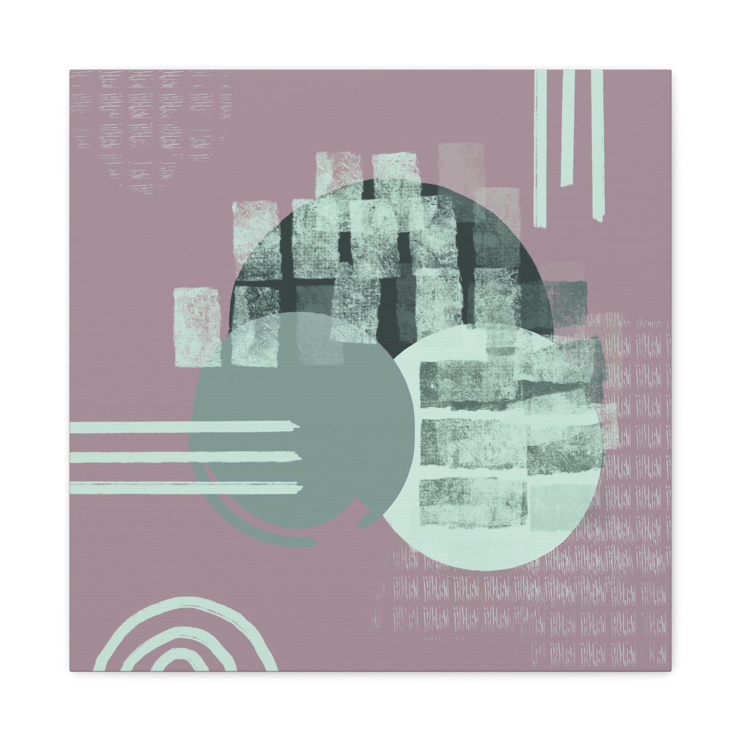 Image that features a stretched canvas artwork with an abstract design with pink and grey tones. The piece includes geometric and freeform elements, creating a modern and artistic vibe.