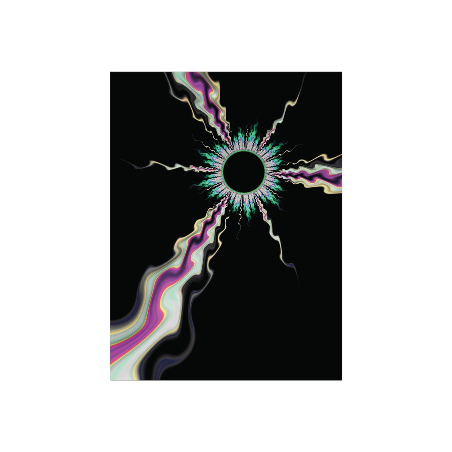 'Arcane Glow' fractal art piece by Julia Hargreaves featuring a central black circle surrounded by a vibrant array of multicoloured, electric-like lines radiating outward against a black background. The lines are thin and wavy, resembling neon lights or electricity in motion, with colours transitioning smoothly from pink, green, yellow, to blue. This dynamic composition gives the artwork a sense of energy and movement.