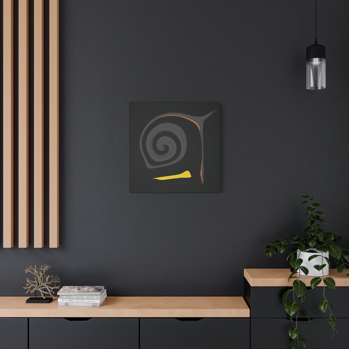 Modern interior with abstract art on a dark wall, wooden shelves, and plants.