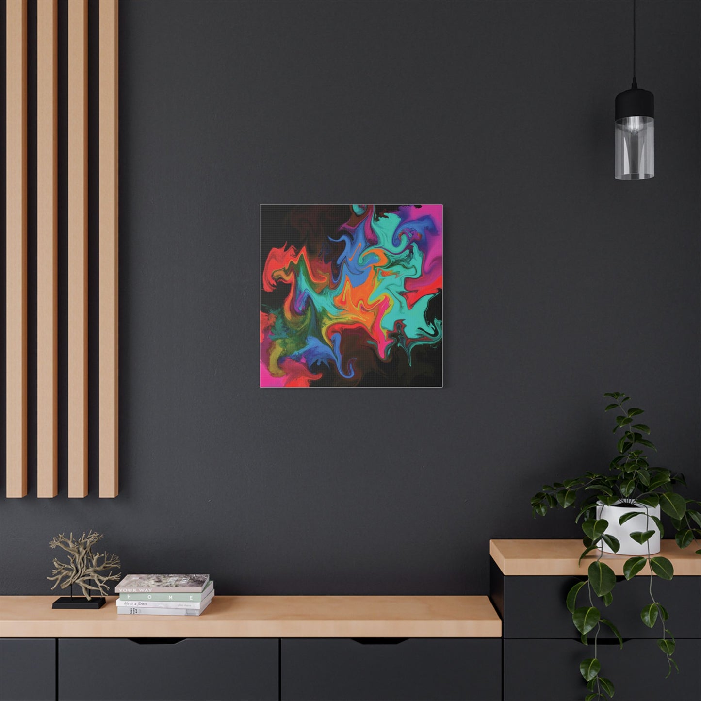 Living space showcasing a vibrant digital artwork by Julia Hargreaves featuring an abstract design. The design is alive with movement and fluid organic shapes