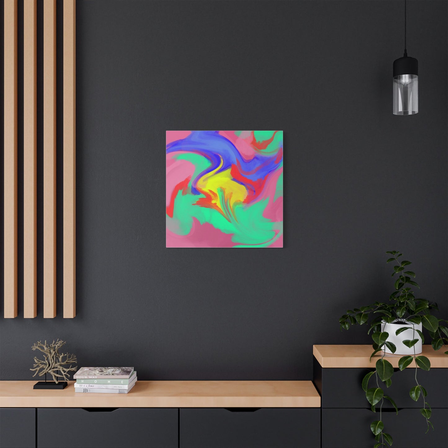 Modern interior space showcasing a satin canvas digital abstract art print featuring an abstract design with fluid organic shapes. The tones are muted giving the viewer a sense of tranquillity.