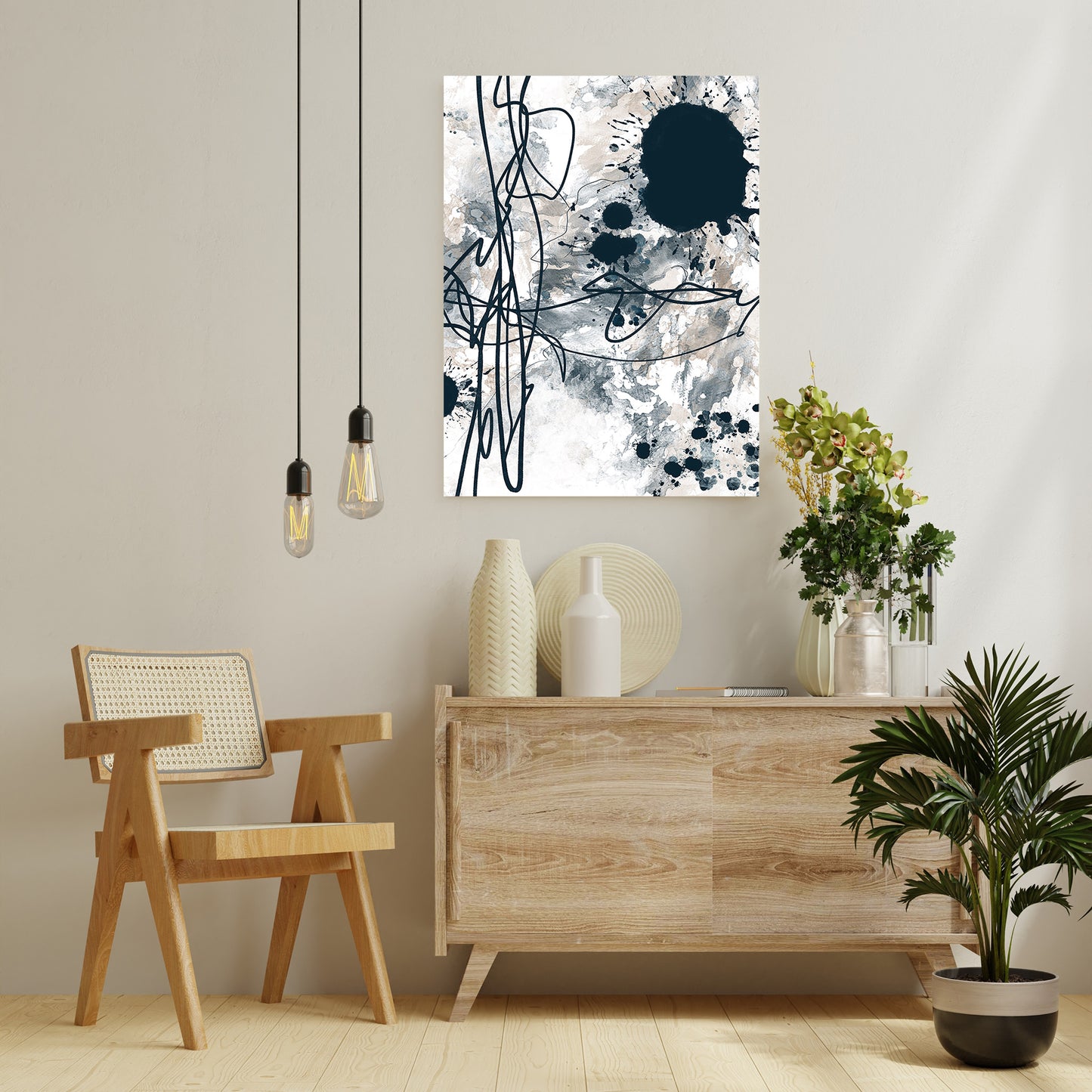 Image of a Scandinavian style room accessorised with wooden furniture, plants , vases and the abstract artwork 'Ink Dance' by artist Julia Hargreaves.