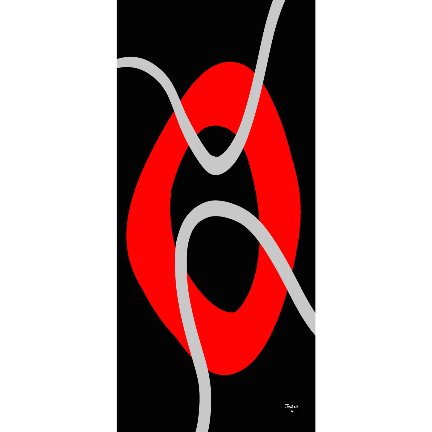 Digital wallpaper with an abstract design with a red organic shape and silver curved lines on a black background.