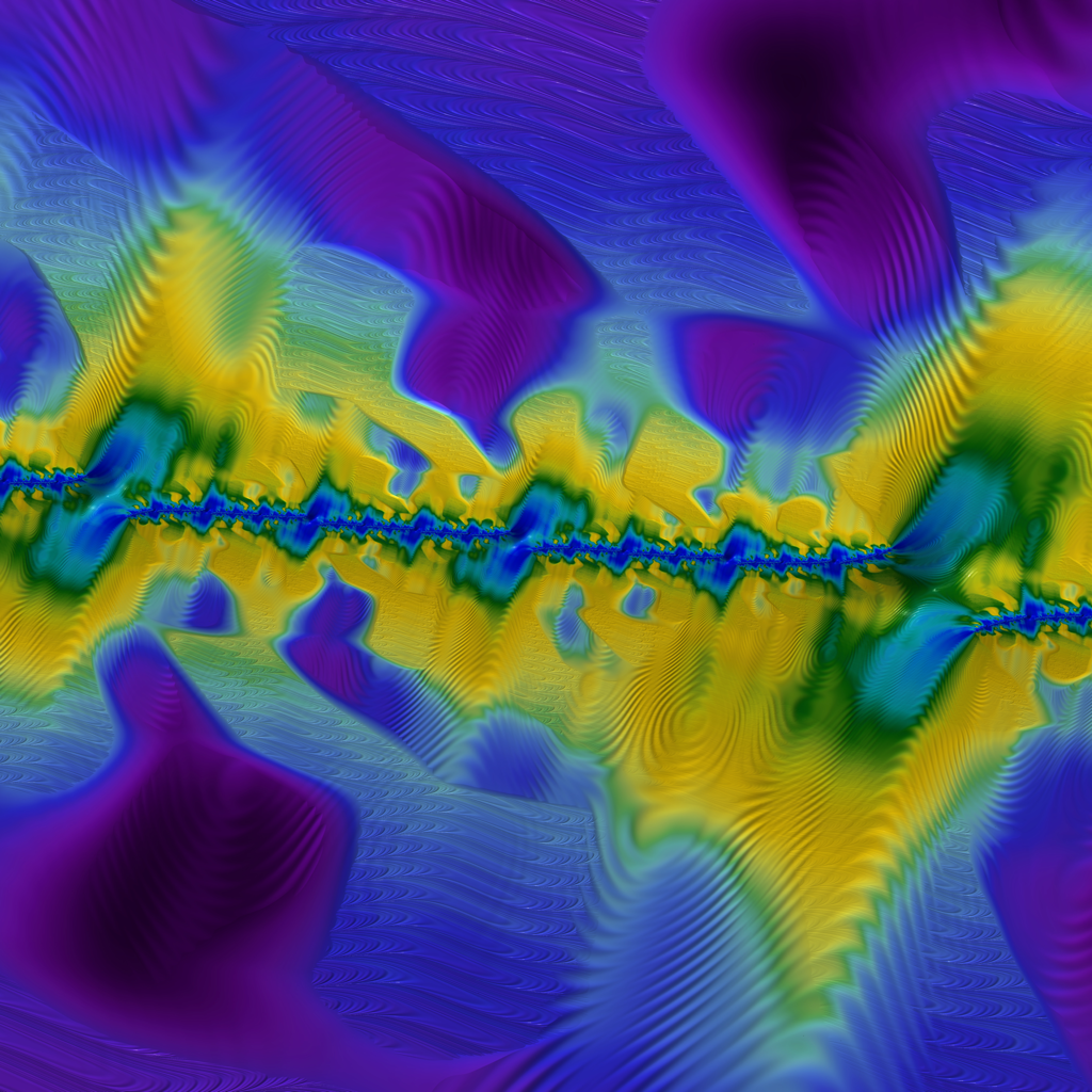The Precipice, abstract digital artwork with a rippled pattern in vivid purple, blue, yellow, and green tones.