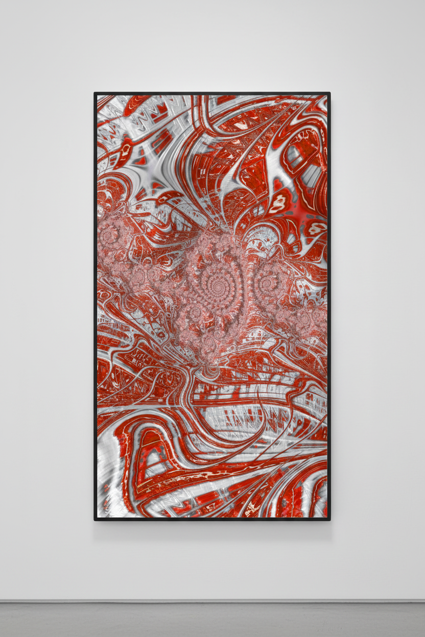 As One — Abstract fractal artwork featuring swirling, flowing lines and ornate spiral motifs in vibrant red and white shown in a black digital frame on a white wall.