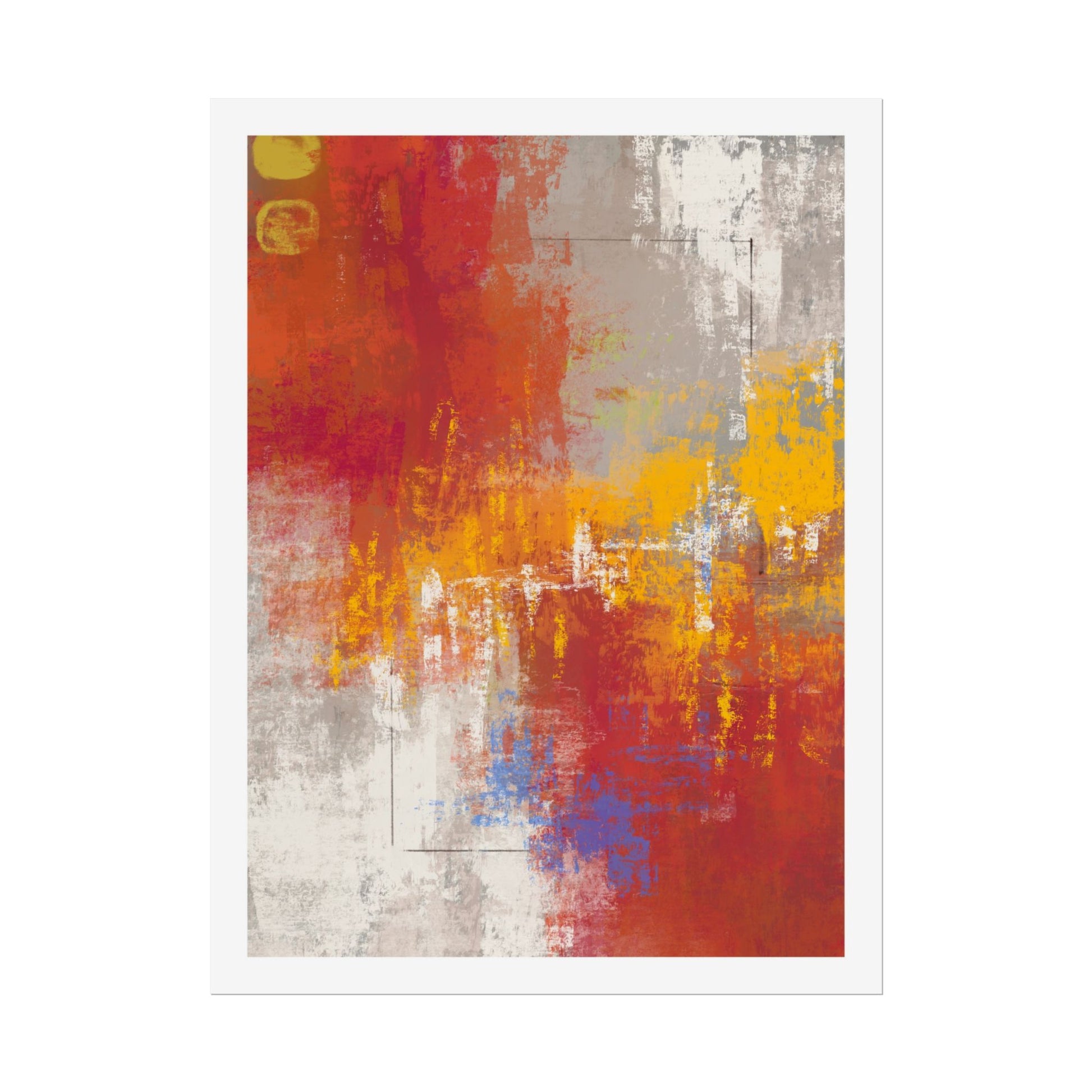 'Lines Were Drawn' - Abstract art print with red, orange, and gray colors on a white background