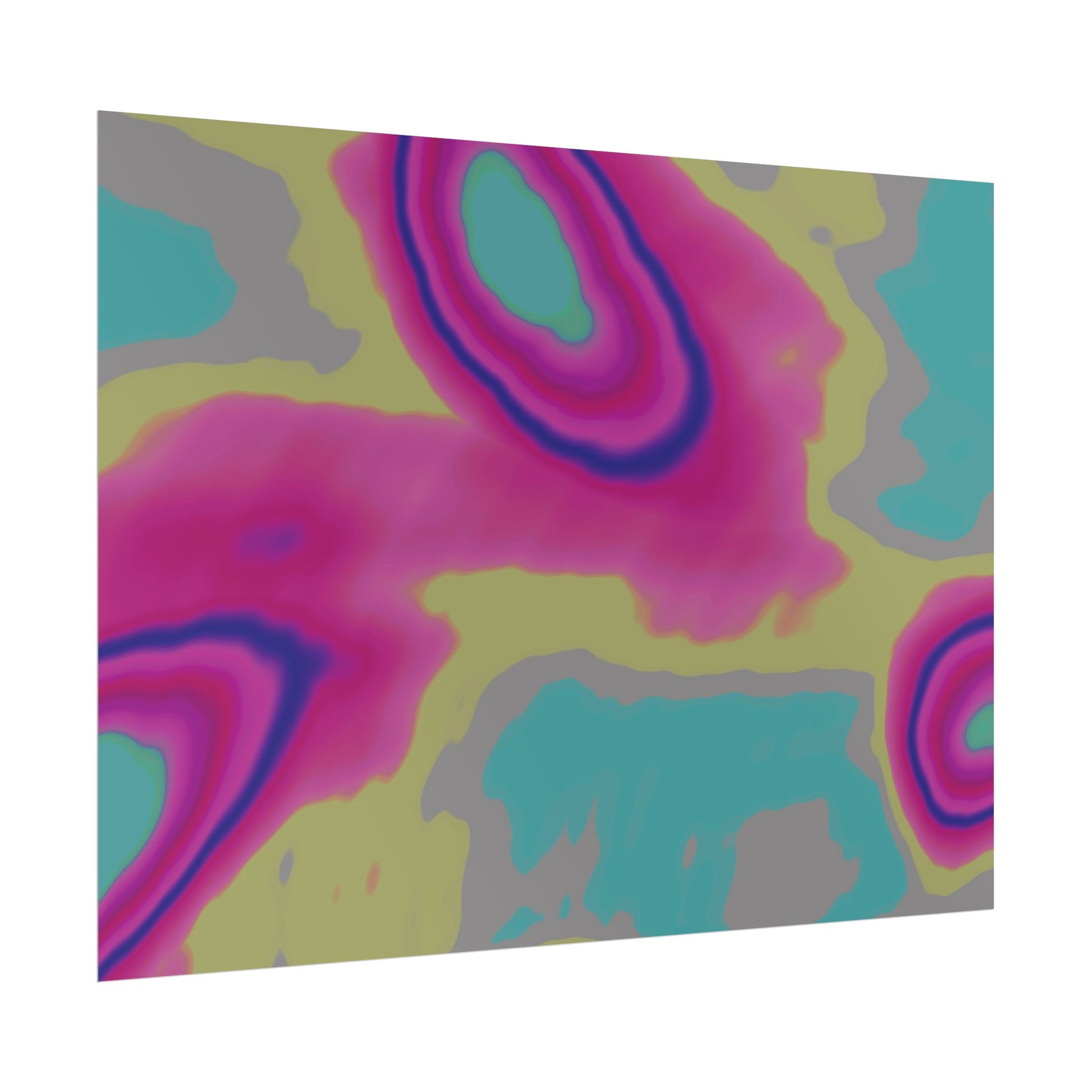 Angled view of a Abstract artwork in shades of pink, cyan and yellow.