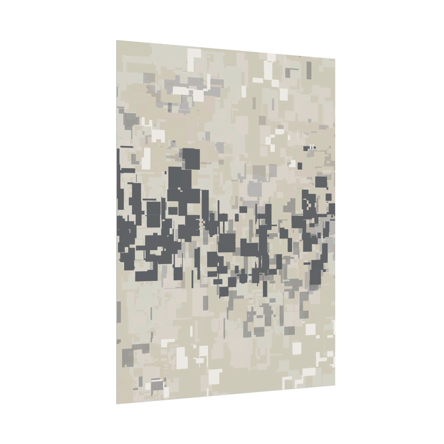 Angled view of an abstract fine art print with neutral layers and pixelated patterns on a white background.
