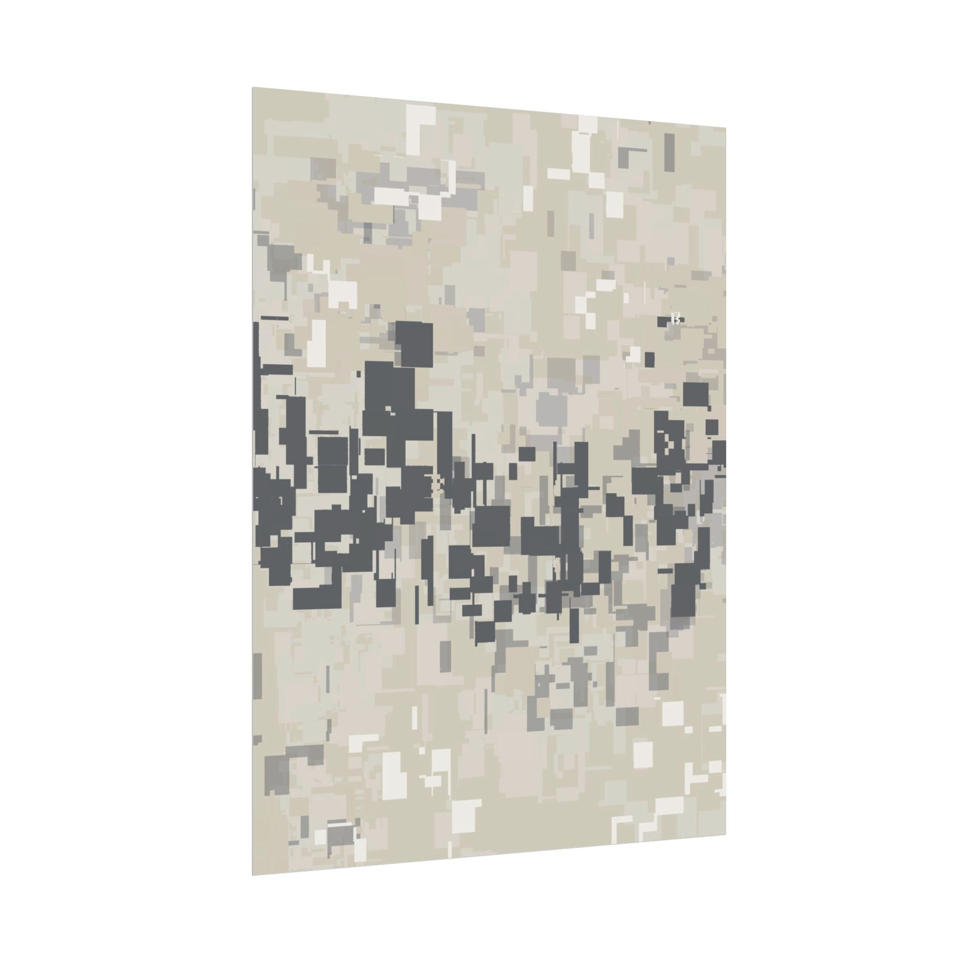 Angled view of an abstract fine art print with neutral layers and pixelated patterns on a white background.