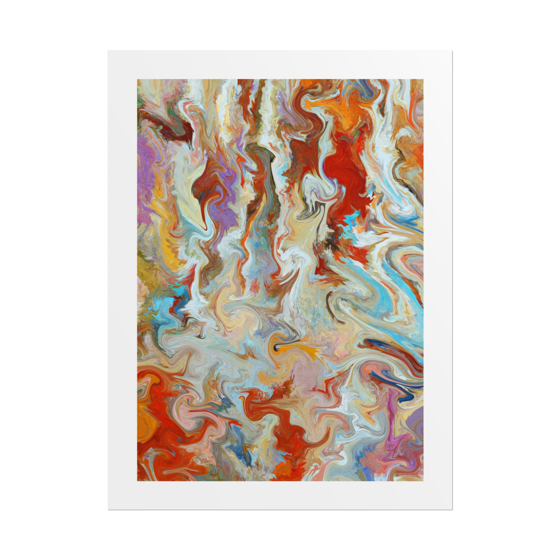 Into Autumn - An abstract art print featuring a colourful, fluid swirl pattern with vibrant reds, oranges, blues, purples, and creams, presented with a wide white border on a clean white background.