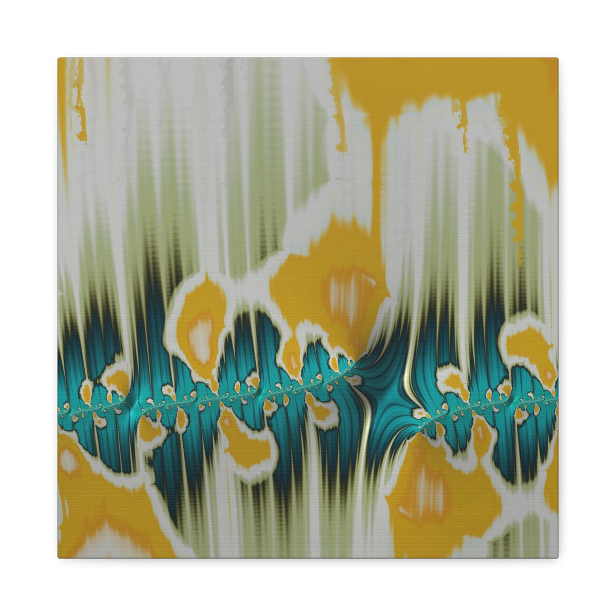 The Pull - An abstract square art print featuring a complex fractal-like pattern with vertical white and pale green brushstrokes, teal and black wave-like forms, and bright yellow/gold drips and organic shapes, shown against a plain white background.