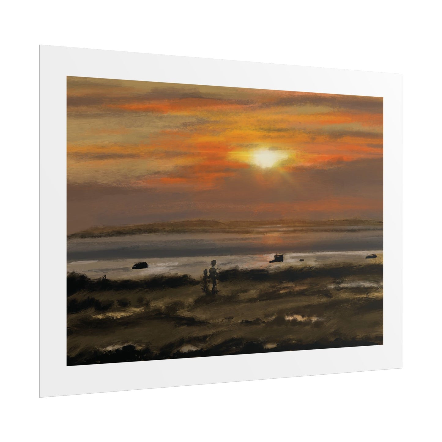 Half Moon Bay Sunset art print showing a sunset landscape digital painting with warm orange and yellow light over a dark shoreline and figures near the water.