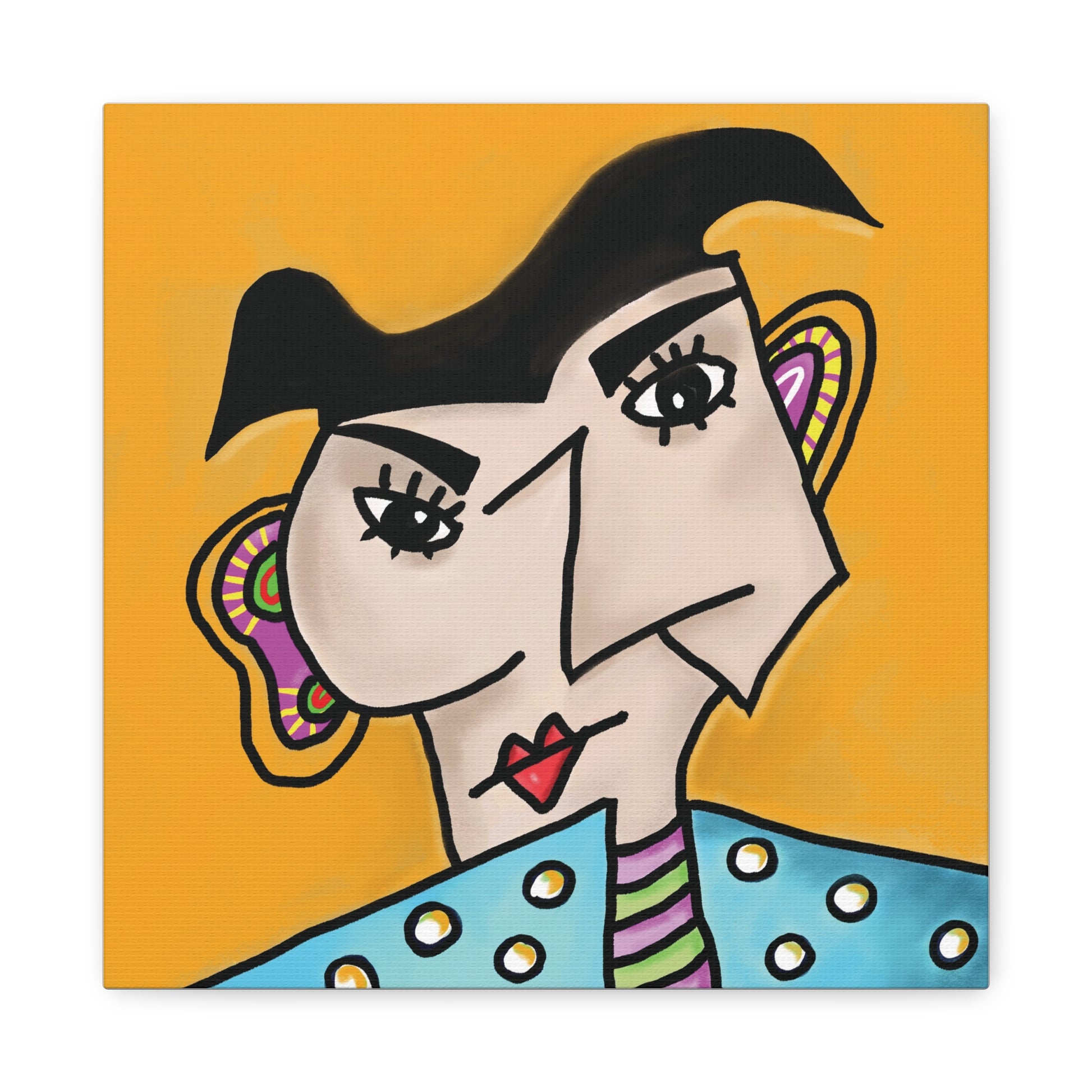 Colorful abstract painting of a stylized face on an orange background