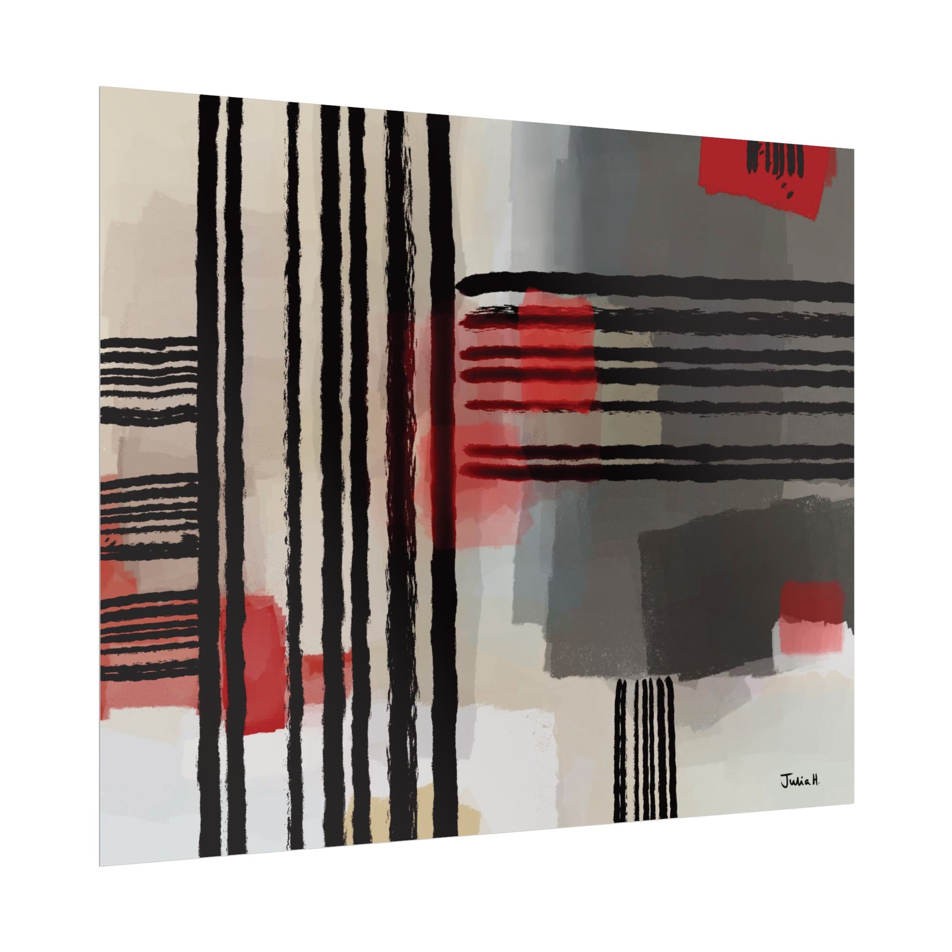 Angled view of an abstract art print with cool contemporary colours.