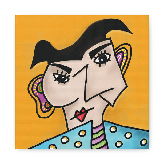 Abstract art of a face with geometric shapes on a yellow background