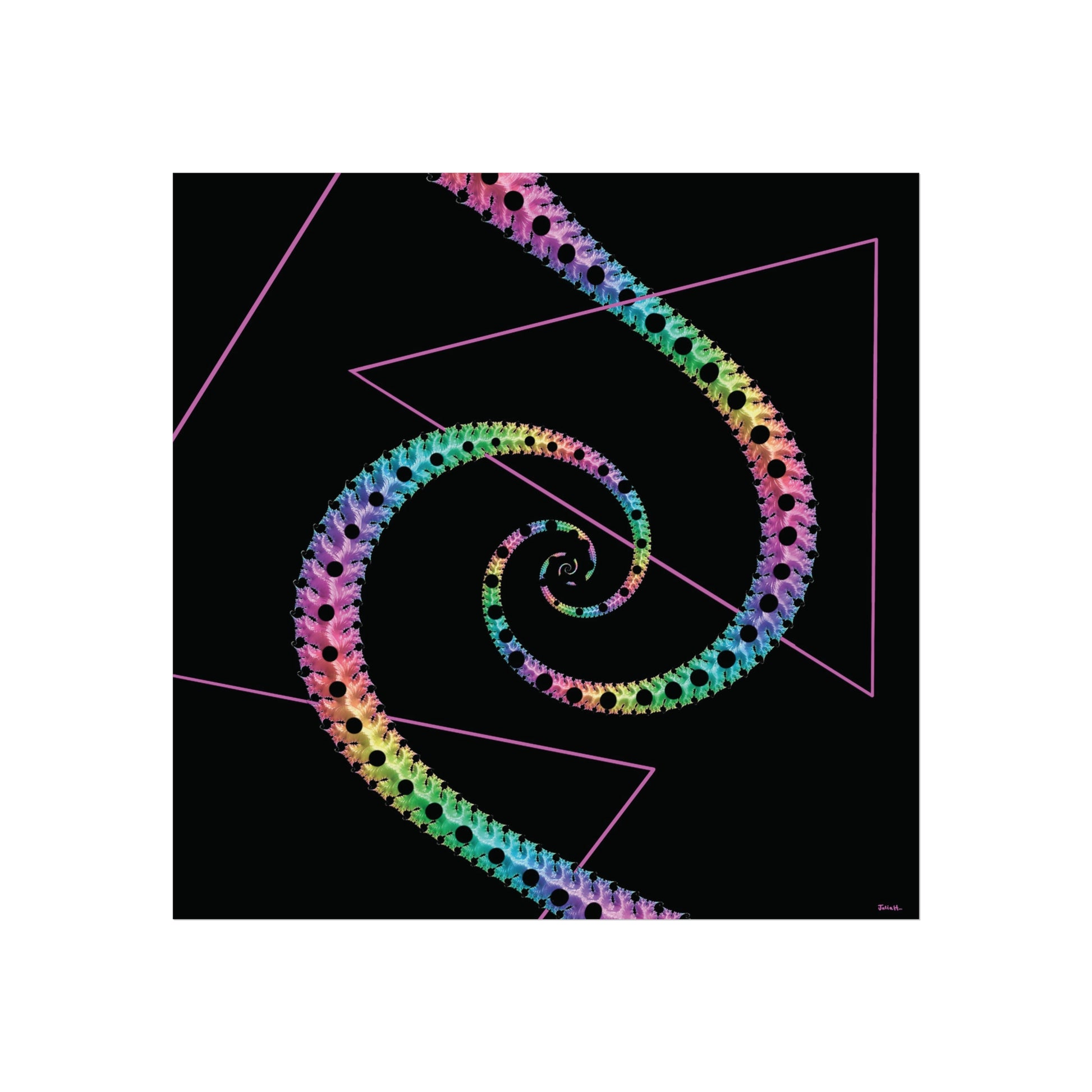 A digital art piece titled 'Pink Triangle' by artist Julia Hargreaves.  It showcases a colourful spiral pattern in pastel shades and geometric forms on a black background.