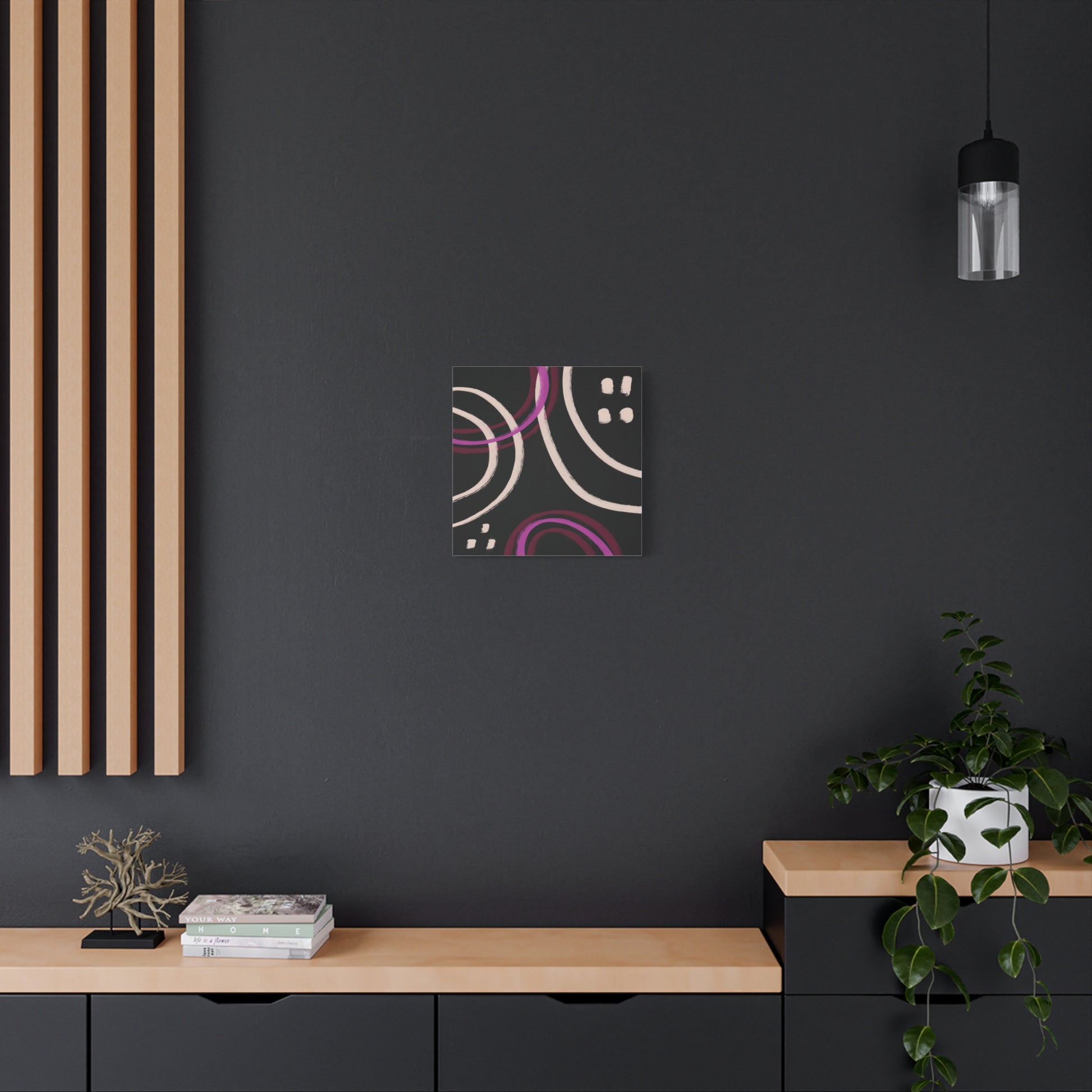 Modern interior with abstract art on a dark wall, wooden shelf, and plant.