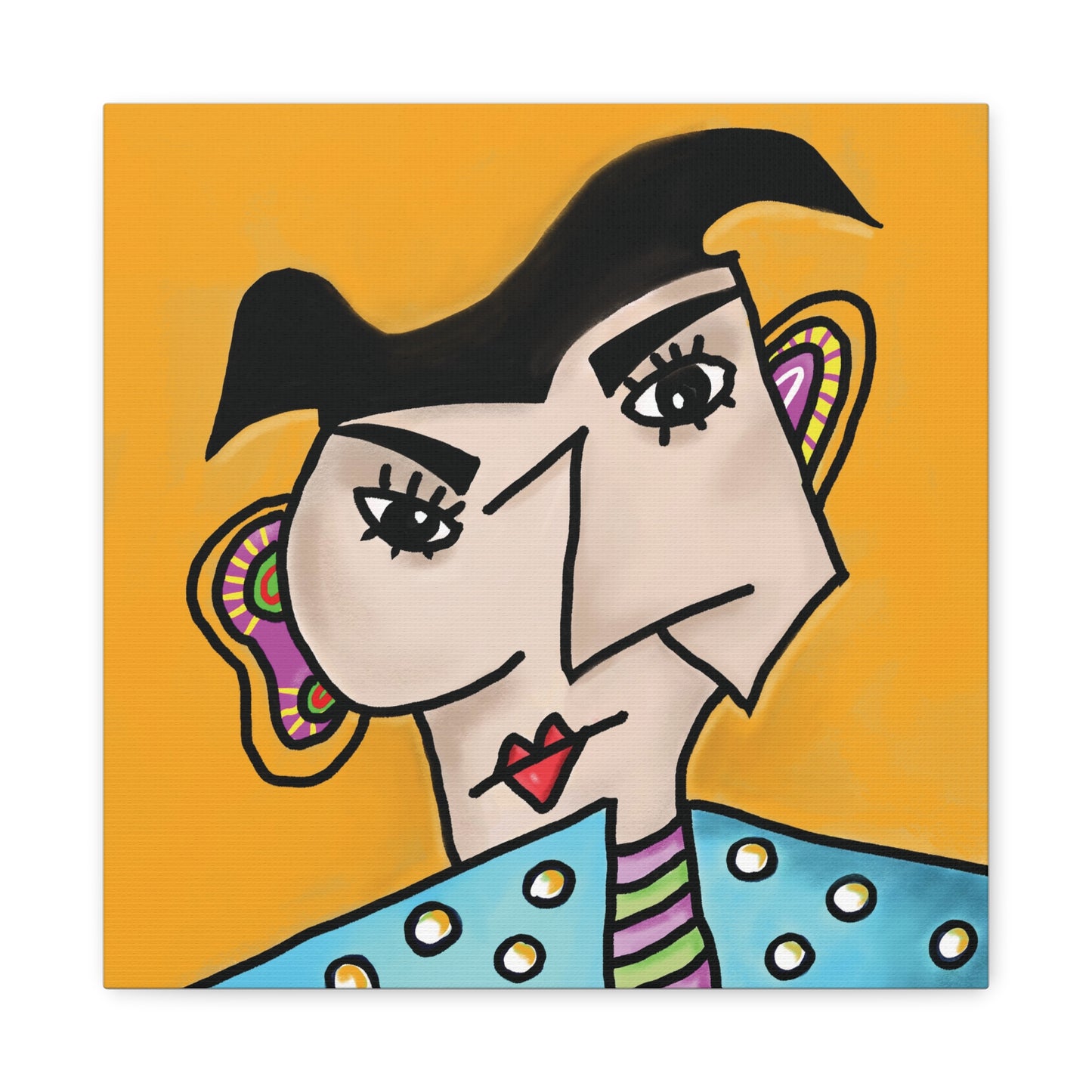 Colorful abstract artwork of a stylized face on a yellow background
