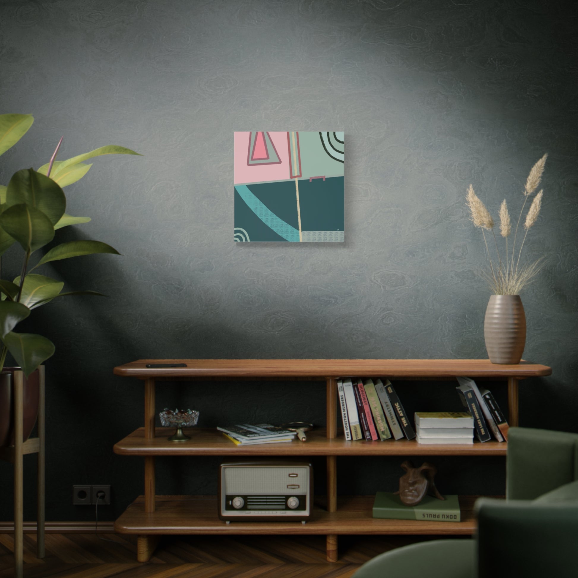 Modern living room with a wooden shelf, Intersecting Echoes abstract canvas wall art, and decorative items.