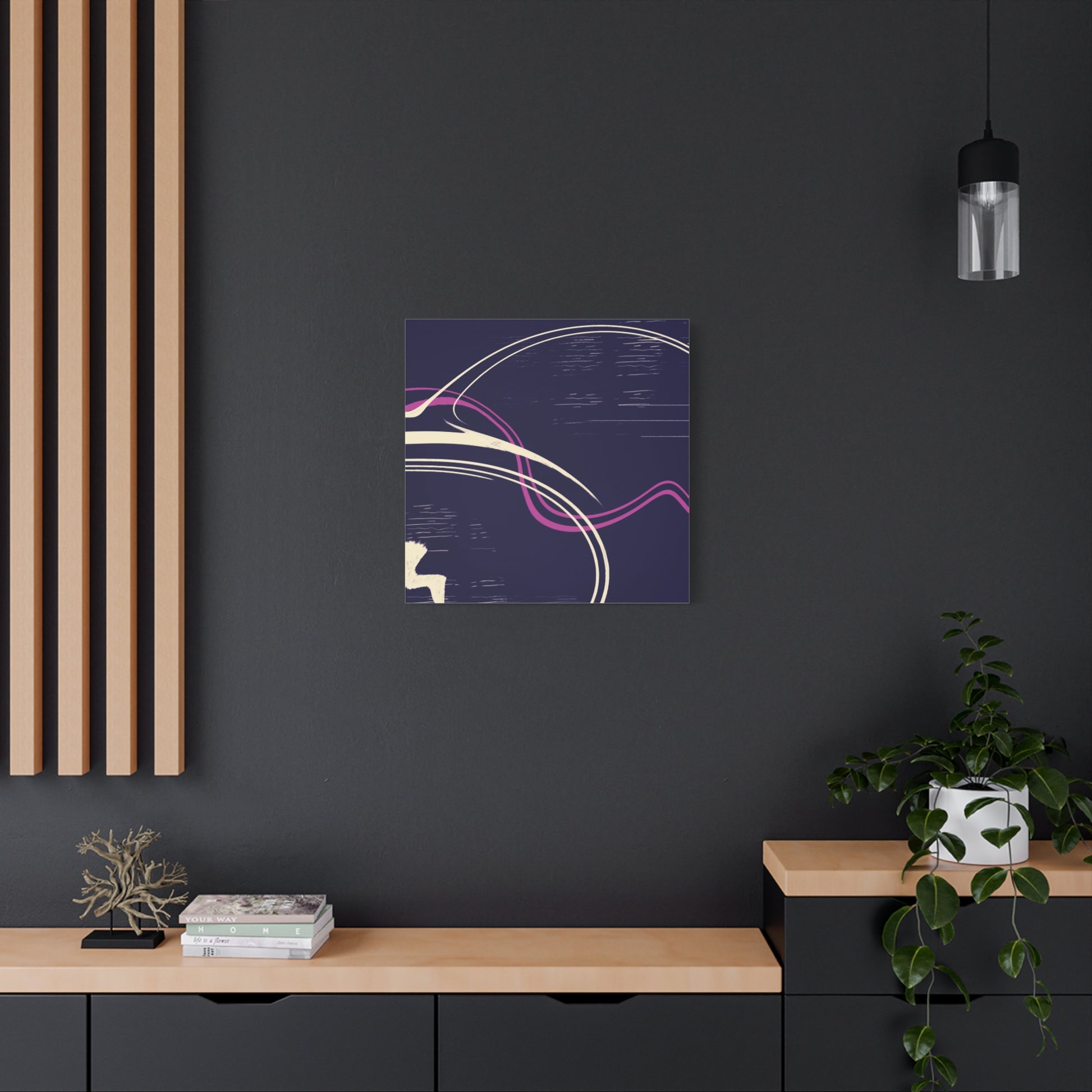 Abstract canvas wall art on a dark wall with wooden shelves and decor.