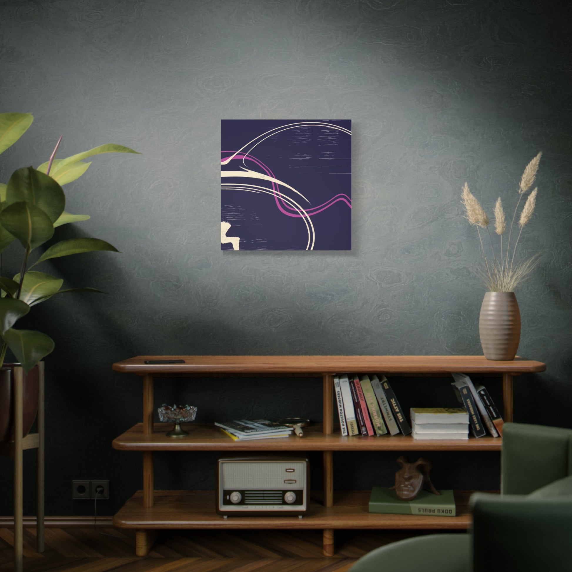 Modern living room with a shelf, plant, and abstract art on the wall.