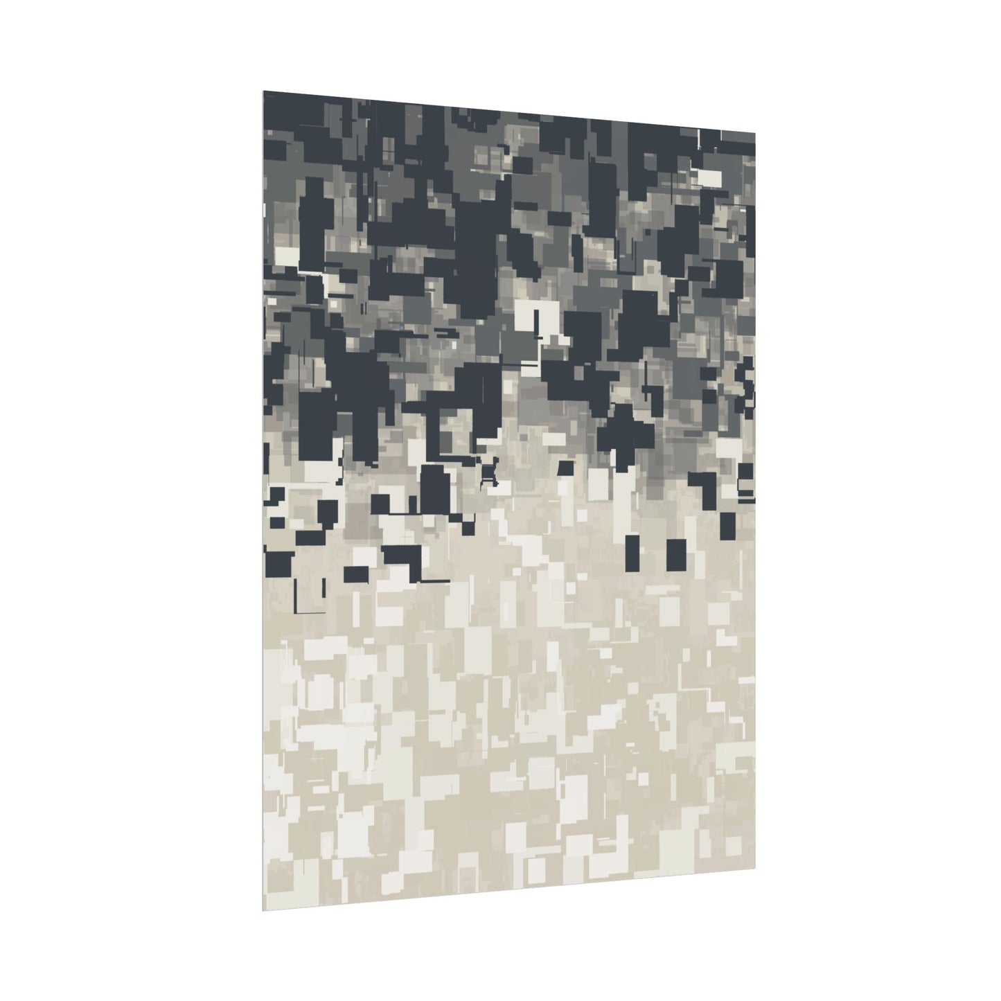 Anfgled view of an abstract fine art  print with muted tones and fragmented textures on a white background.