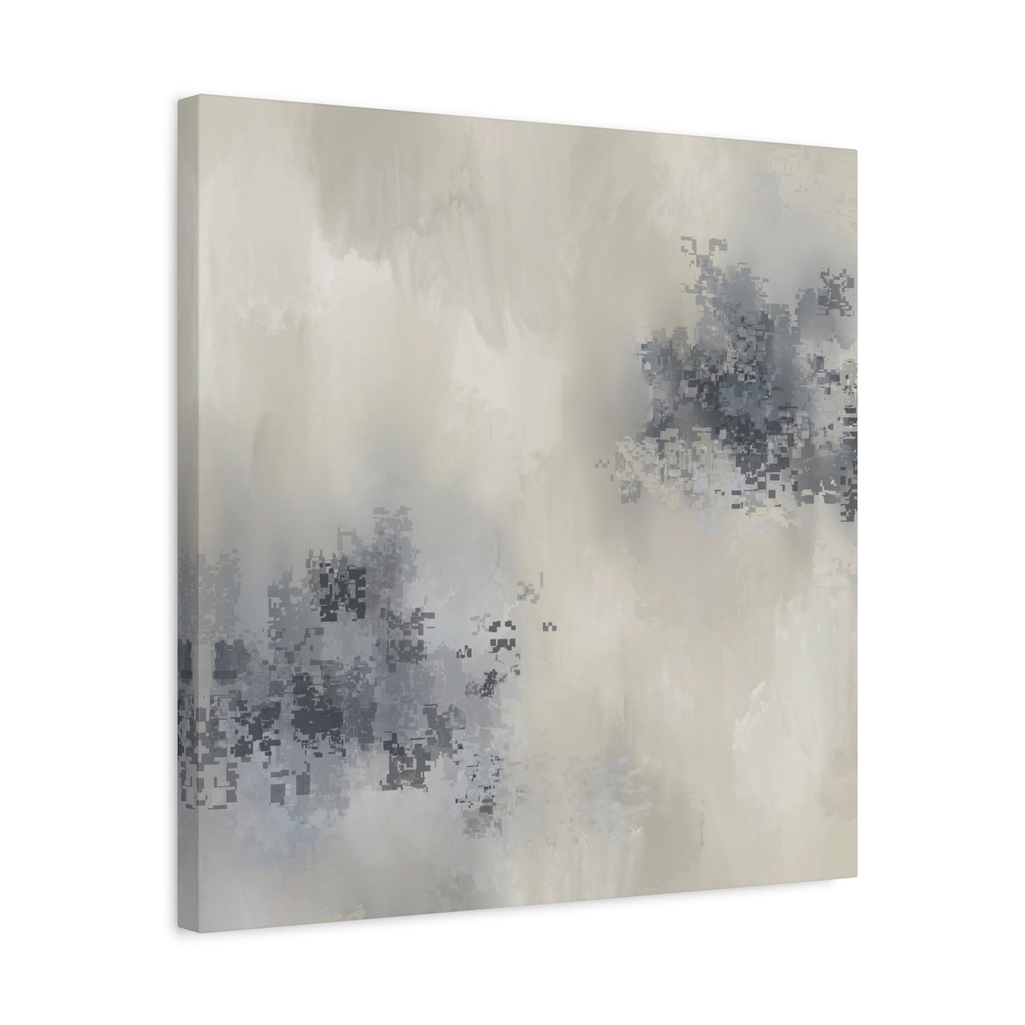 Abstract painting with soft gray and blue tones on a white background