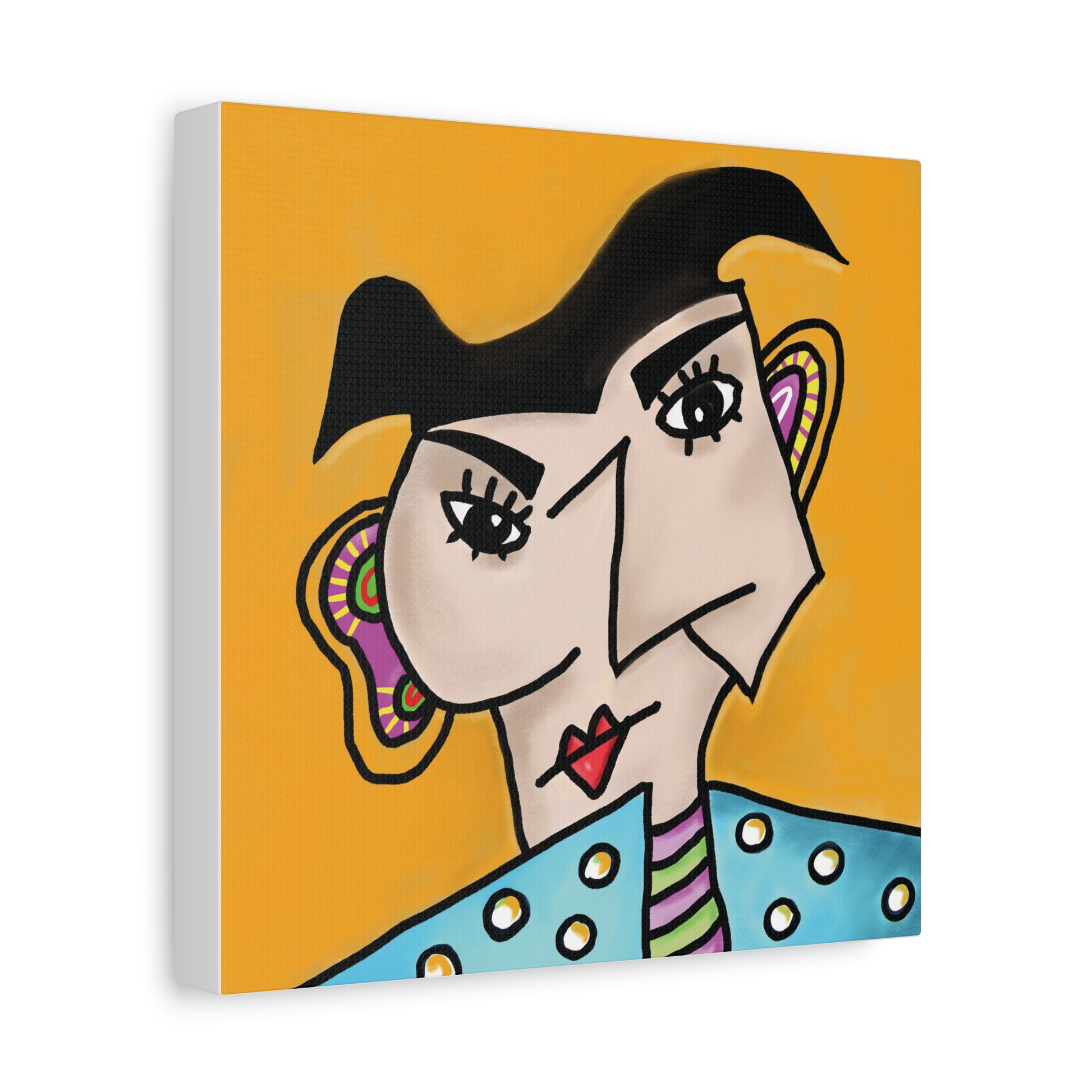 Colorful abstract painting of a stylized face on an orange background