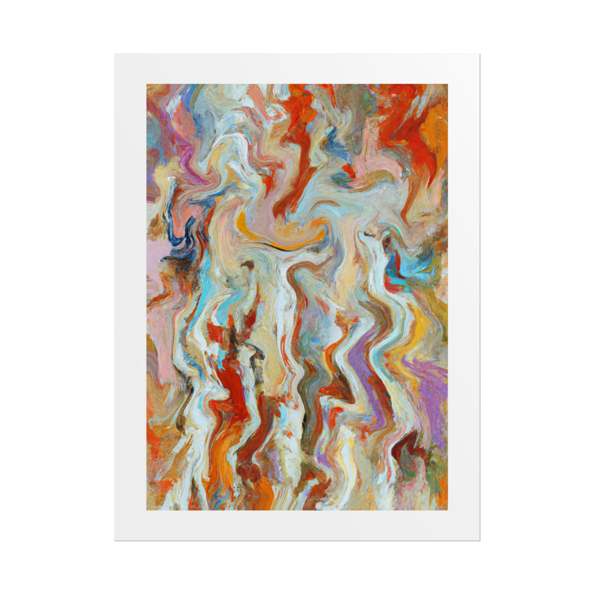 Letting Go - An abstract art print featuring a colourful, fluid swirl pattern with orange, red, blue, purple, yellow, and white tones, presented with a white border on a clean white background.