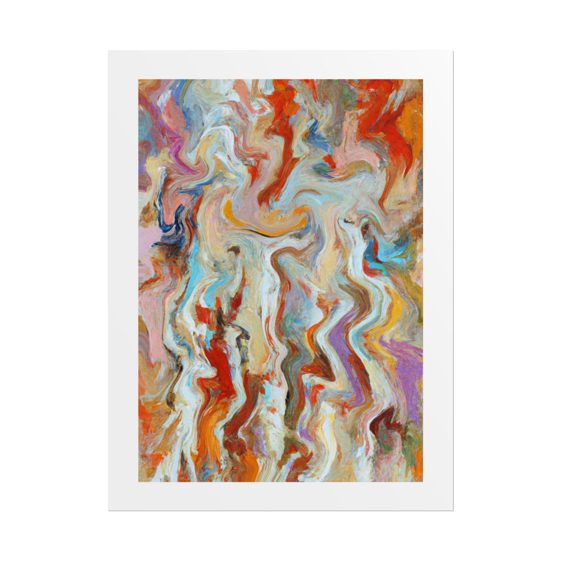 Letting Go - An abstract art print featuring a colourful, fluid swirl pattern with orange, red, blue, purple, yellow, and white tones, presented with a white border on a clean white background.