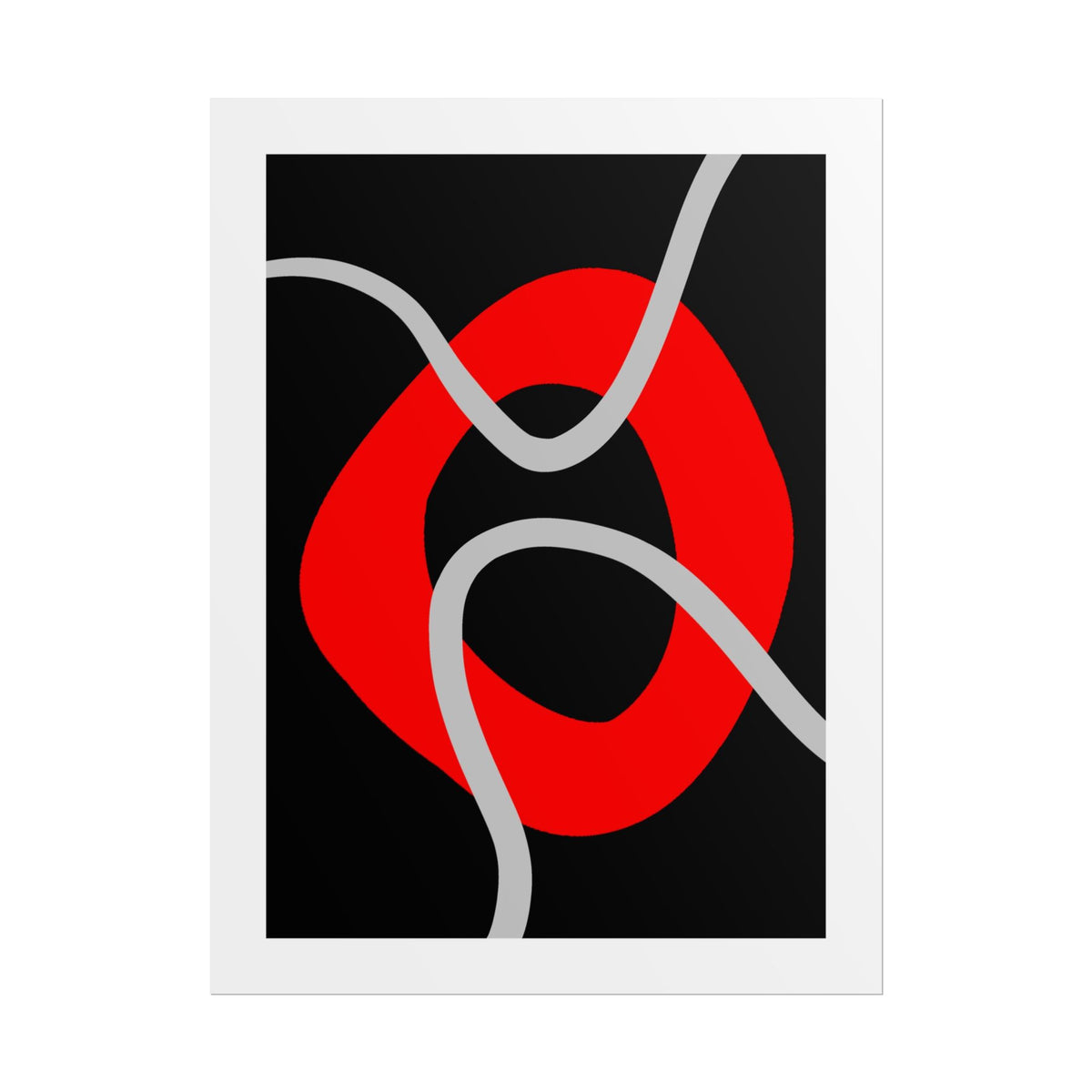 Convergence by Julia Hargreaves. A minimalist abstract art print featuring a bold red organic shape on a black background, framed by a wide white border. The artwork is presented as a vertical print centered on a clean white background.