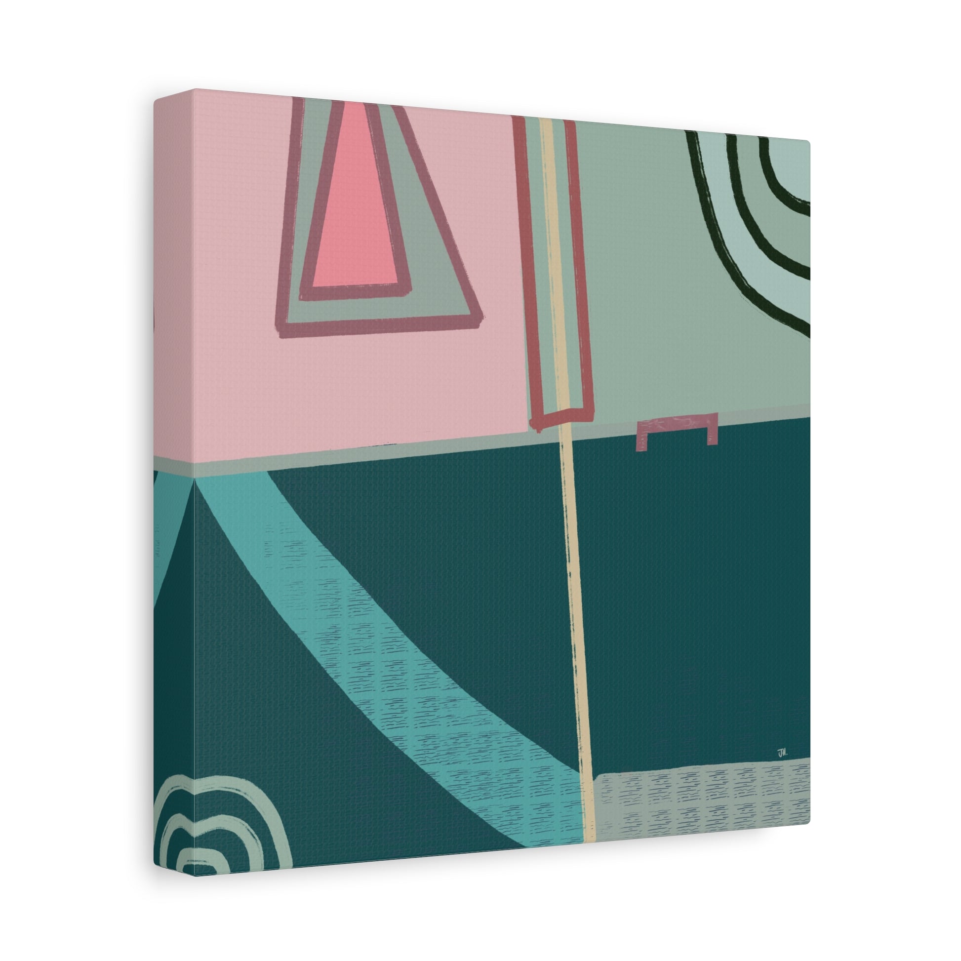 side view of Intersecting Echoes abstract canvas print with geometric design. 