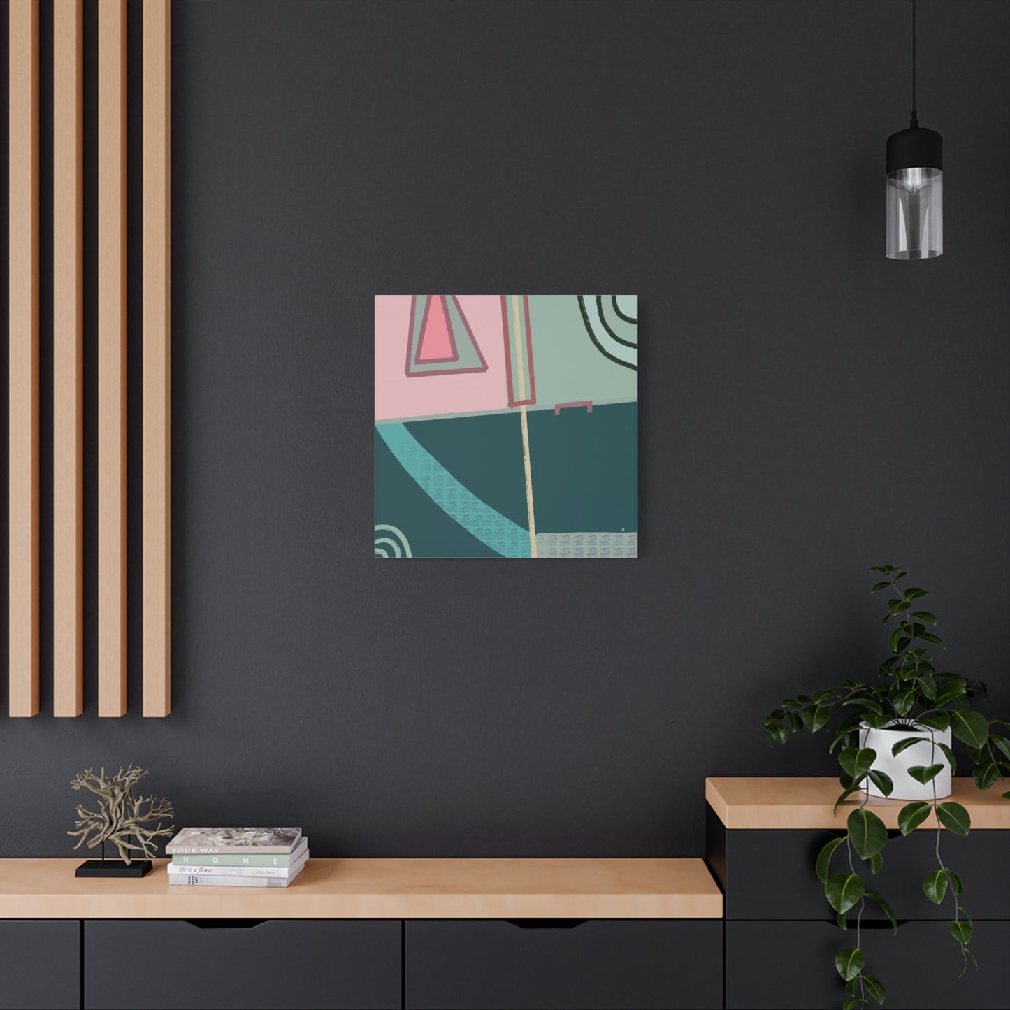 Intersecting Echoes abstract art piece on a dark wall with wooden shelves and decor.