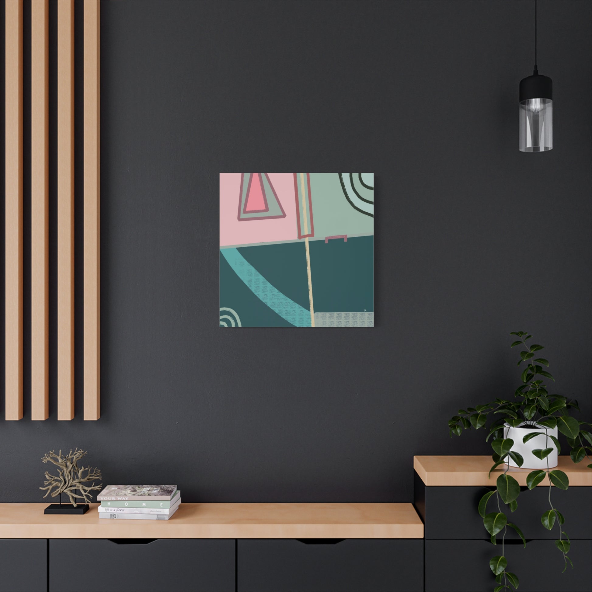 Intersecting Echoes abstract art piece on a dark wall with wooden shelves and decor.