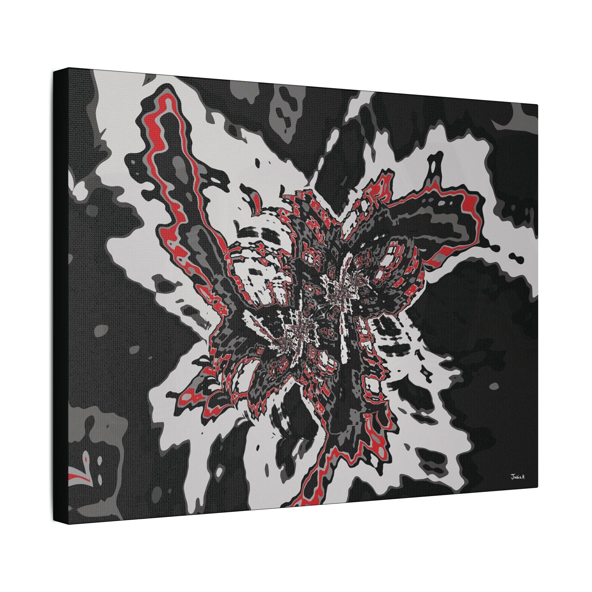 Digital artwork on canvas.  The artwork features an expressive abstract composition in a variety of colours including black, red, white, and grey.