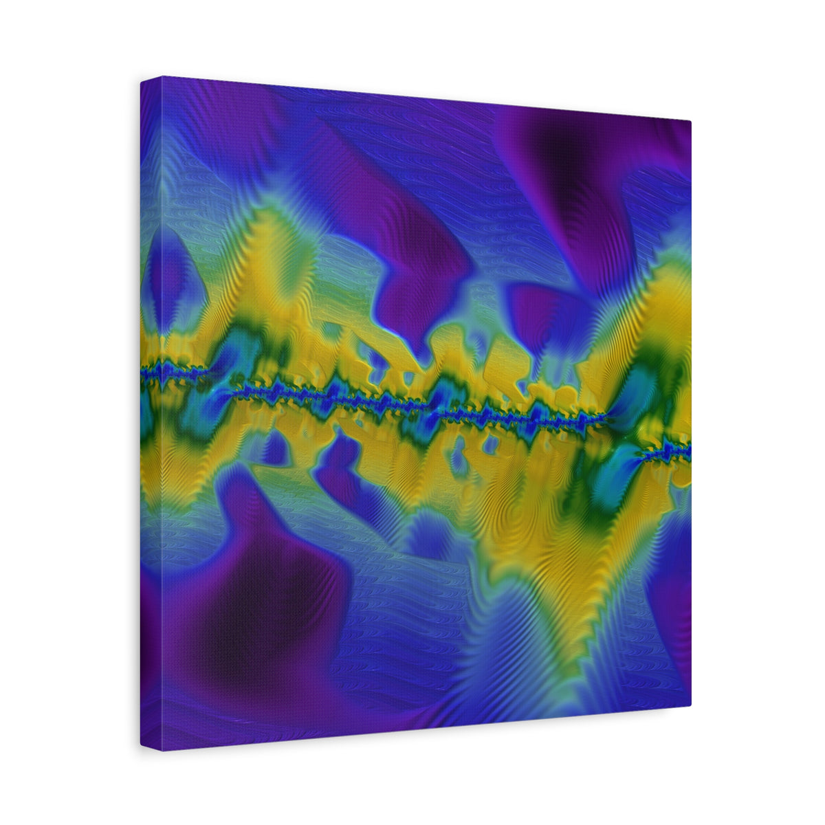 A square abstract wall art print or canvas featuring a symmetrical, wavy pattern in vivid purple, blue, yellow, and green on a white background.