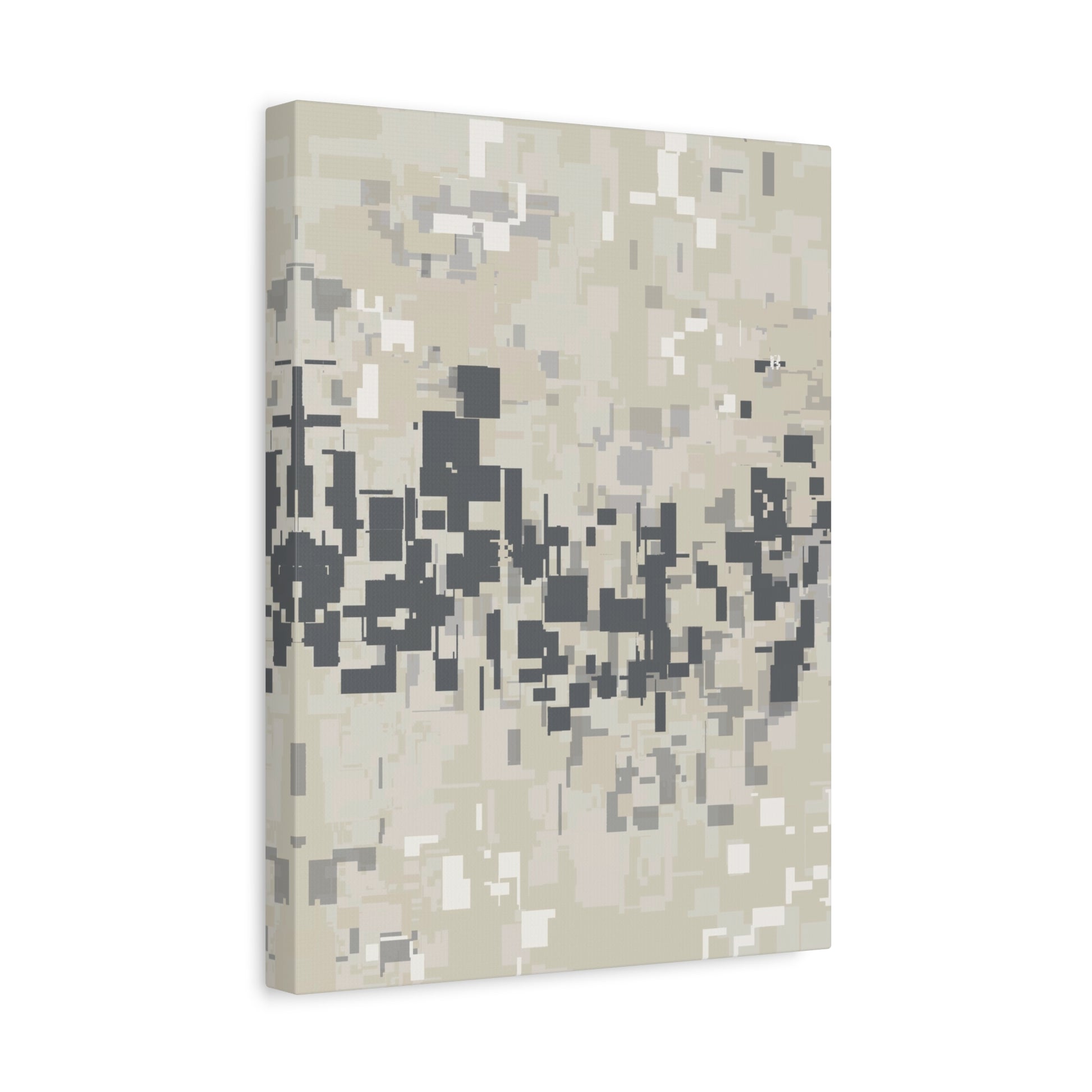 Abstract canvas print with neutral layers and pixelated patterns.