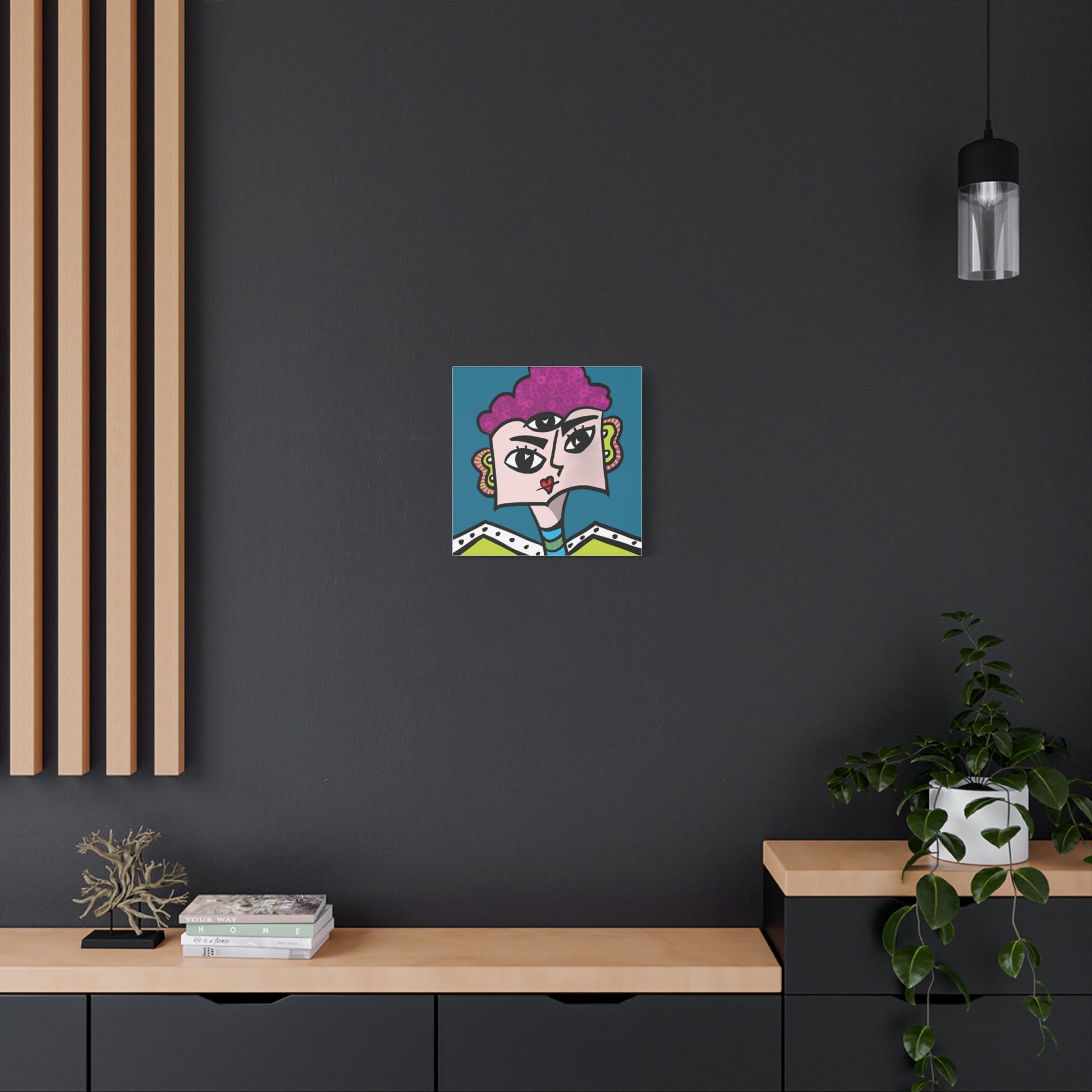 Abstract artwork on a dark wall with wooden shelves and decor.