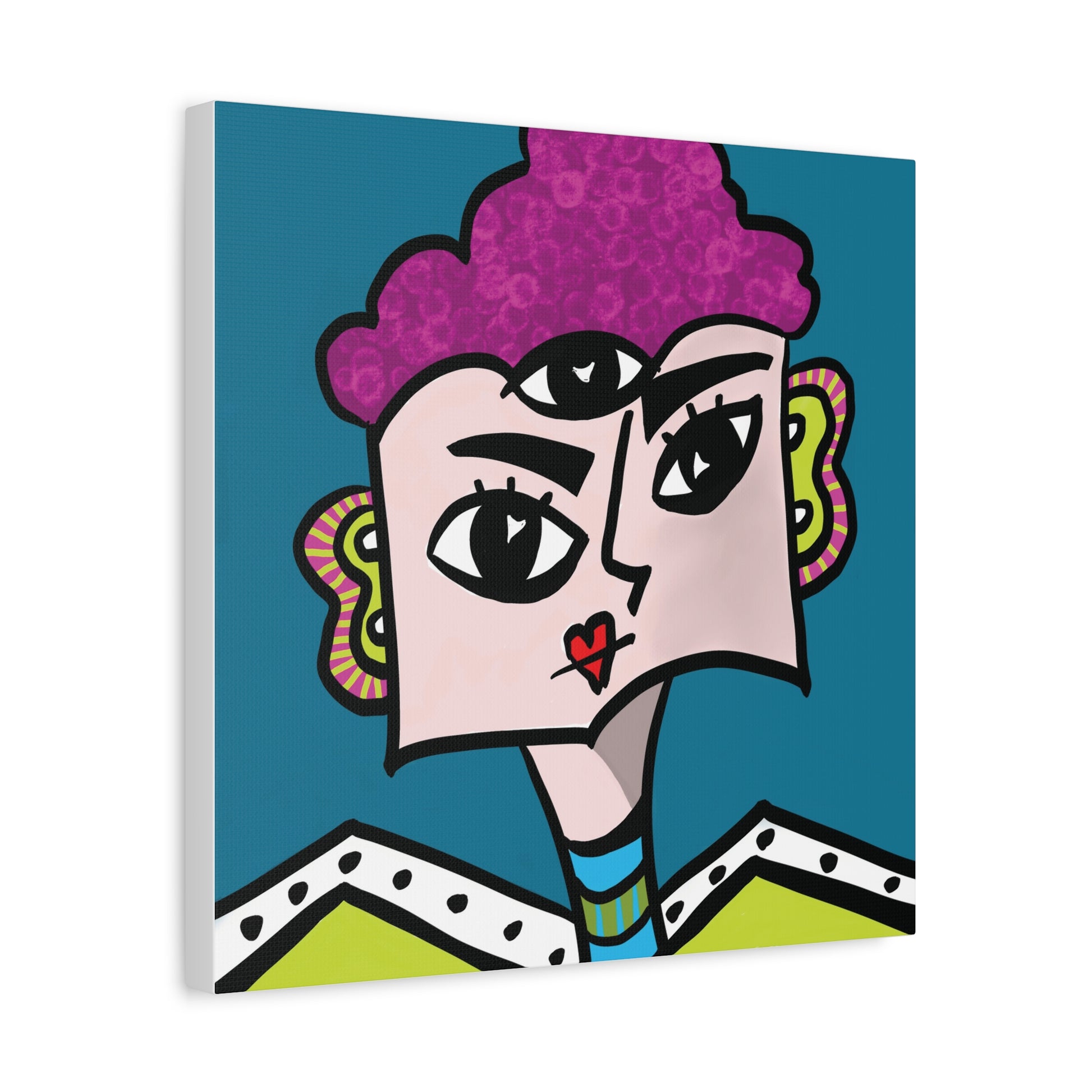 Colorful abstract art print of a stylized face with purple hair on a blue background