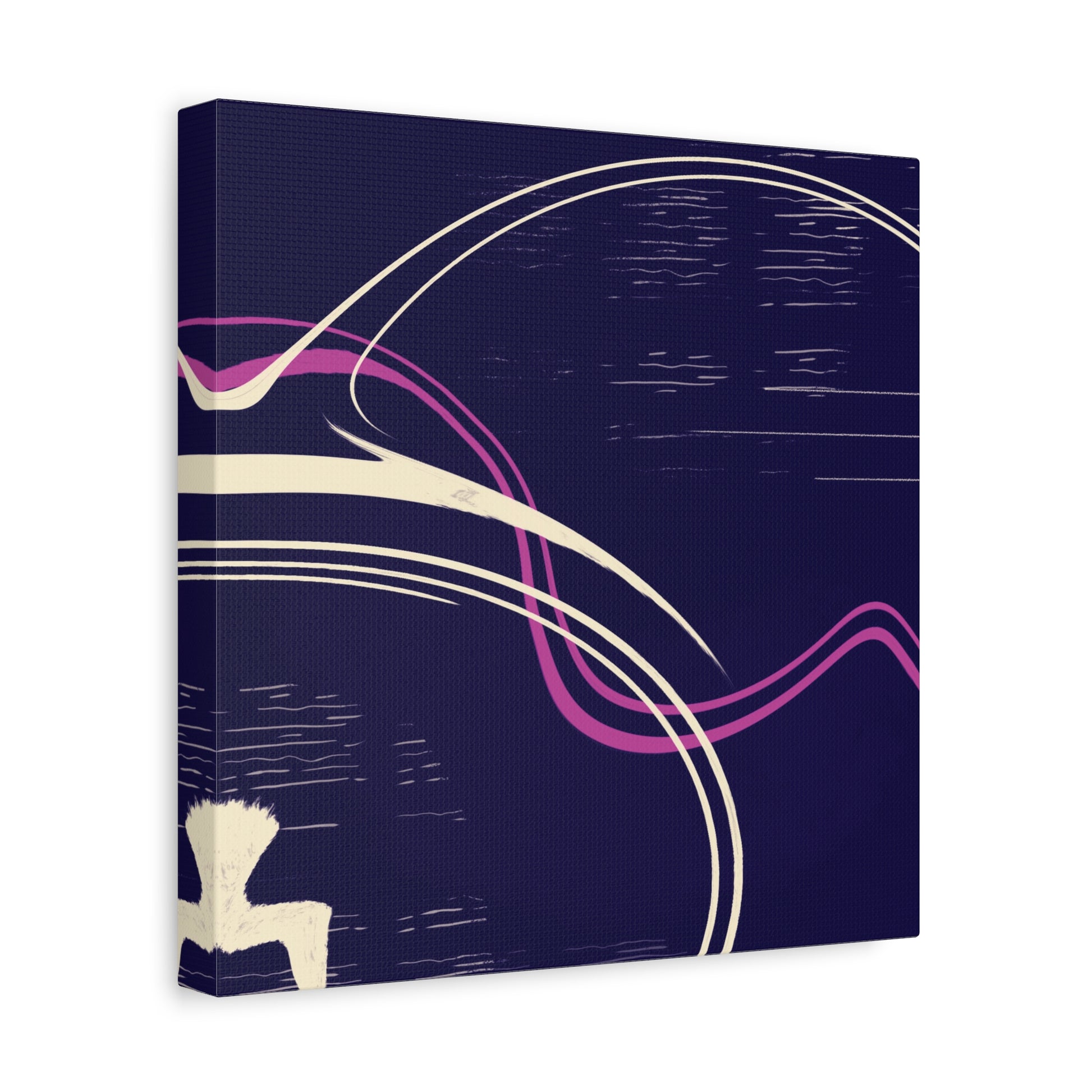 Angled view of Currents abstract canvas print with wavy lines on a dark blue background