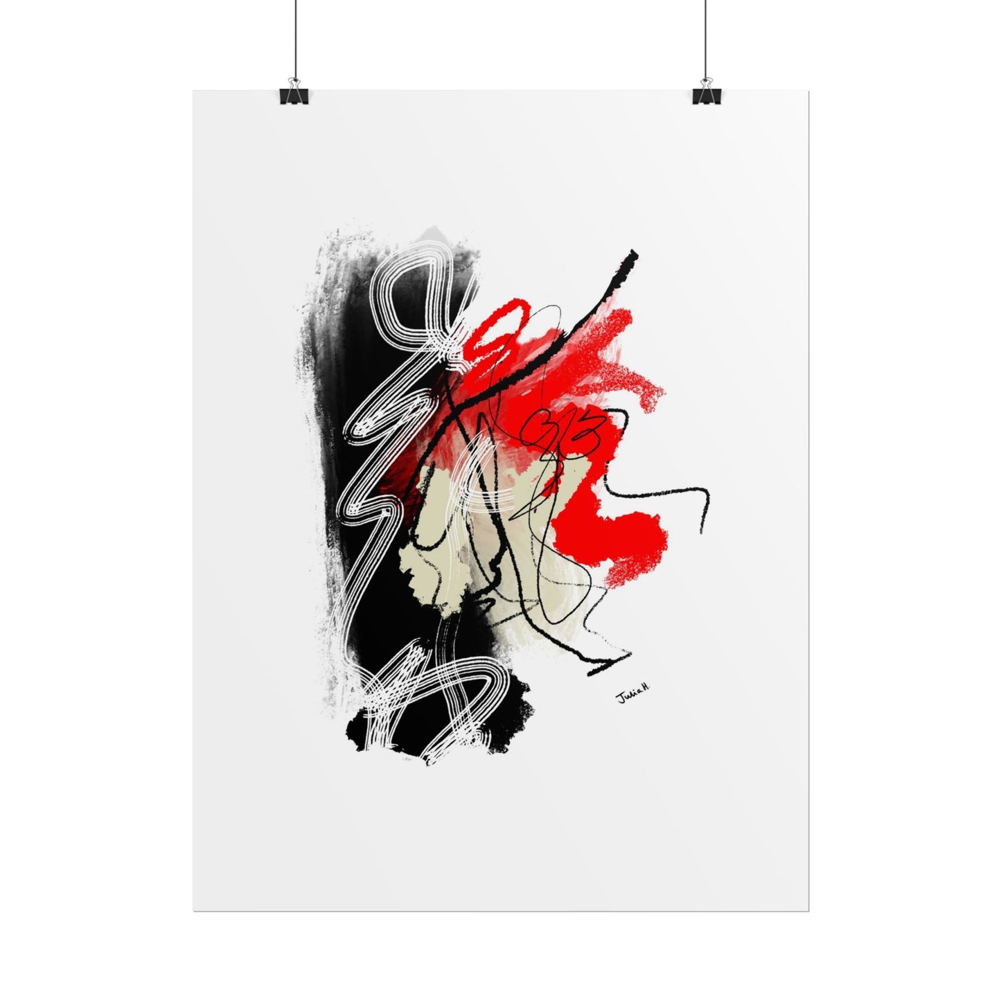 Because - Abstract artwork with black, red, beige, and white on a white background